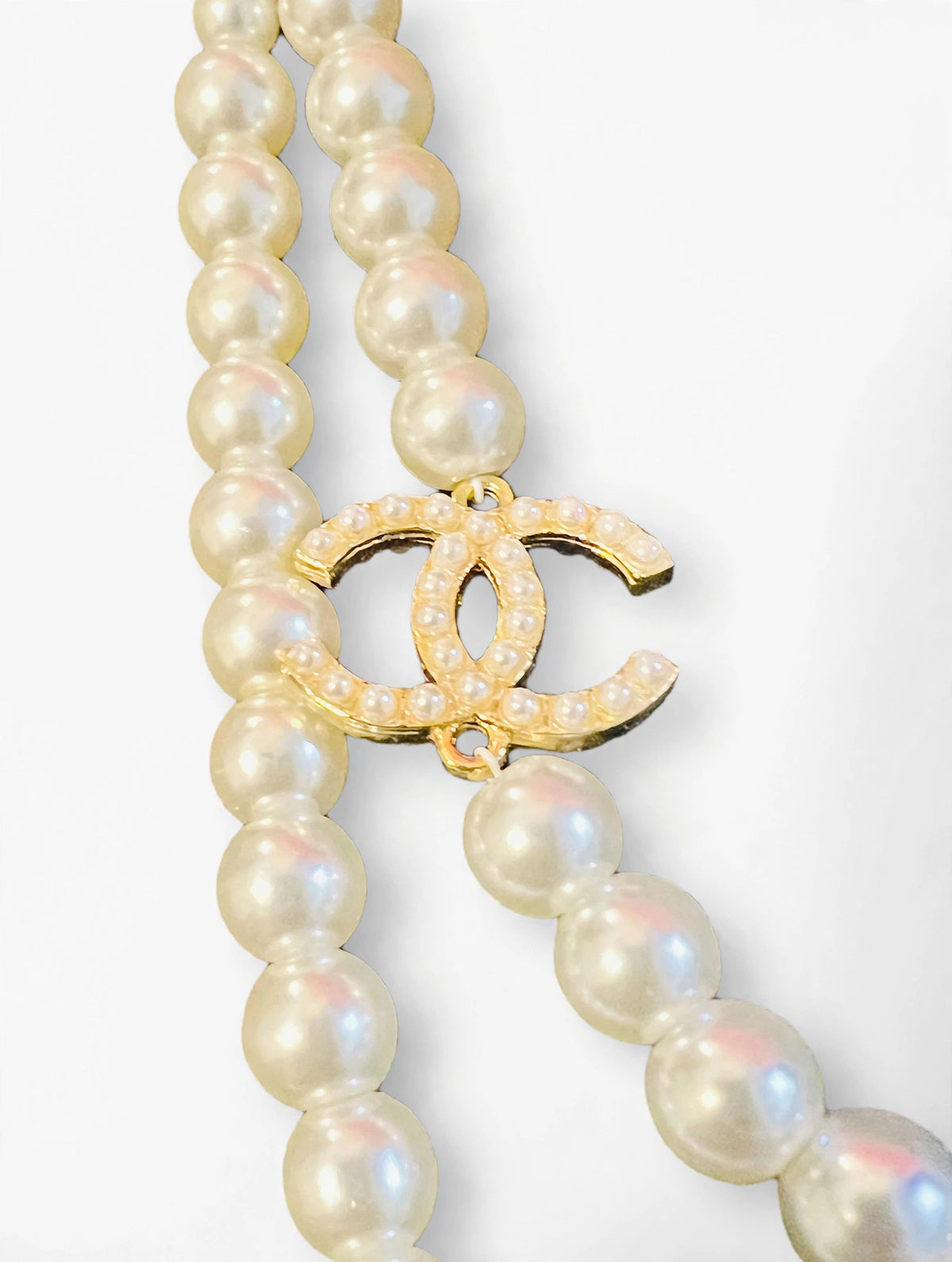 CHANEL Double Strand Pearl Necklace w/ Crystal CC Logos - Graduated Faux Pearls, Gold Tone Extender Chain
