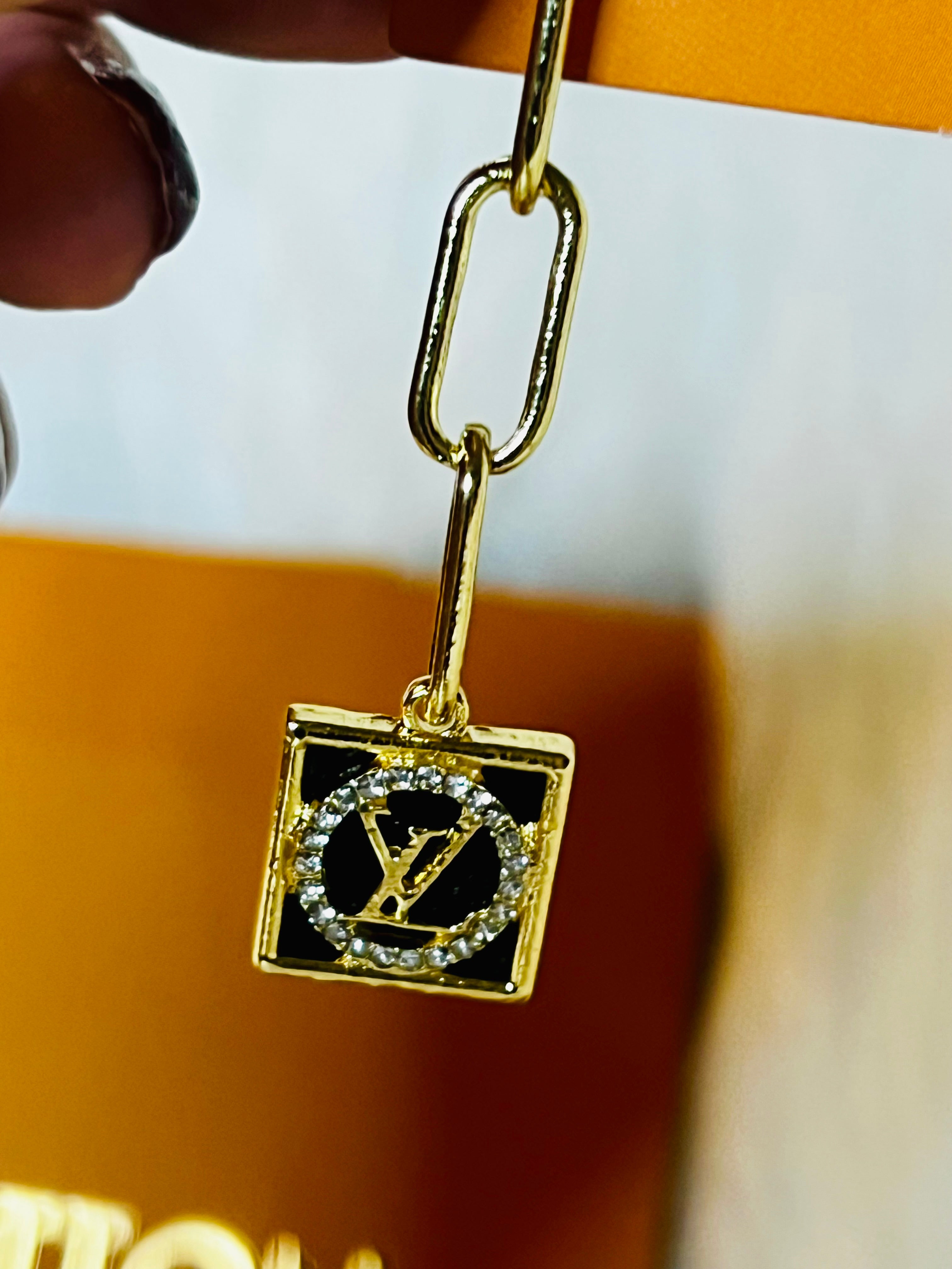 LV Logo Gold & Black with Rhinestone Accent Earrings