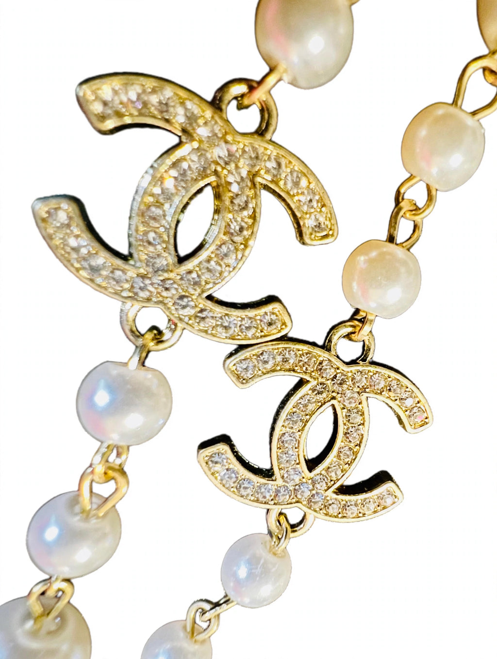 Vintage Chanel Long Pearl Sautoir Necklace - Gold Chain with Graduated Pearls & Crystal CC Charms - 36"