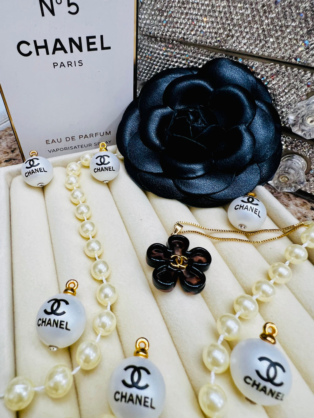 CHANEL Cheetah Print with Gold Lettering Flower Style Pendant Necklace