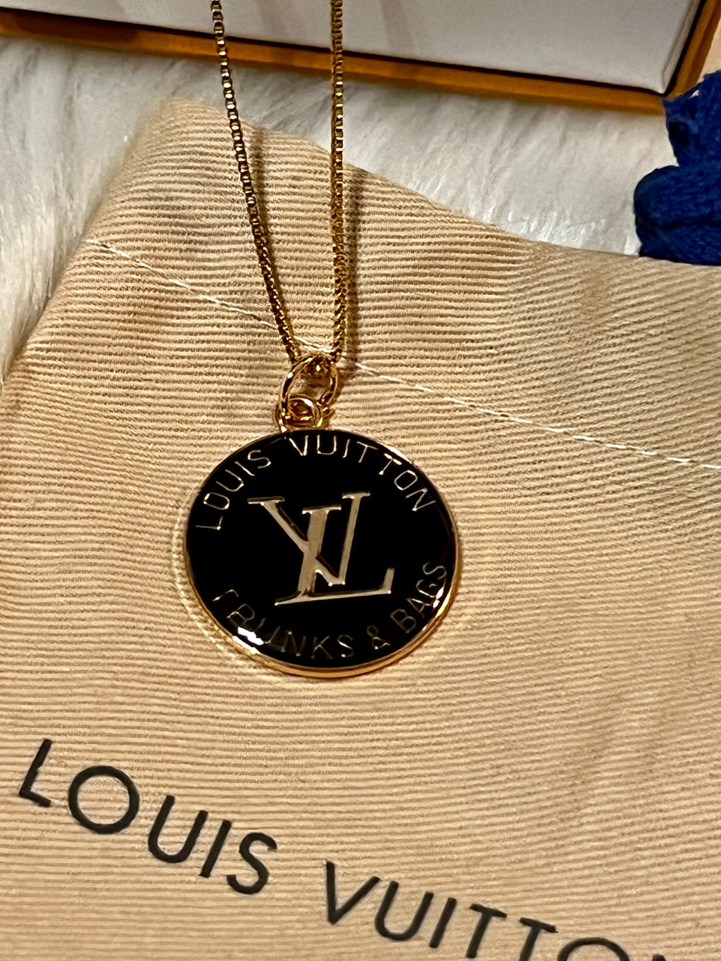 LV Black & Gold Pendant Box Chain Necklace