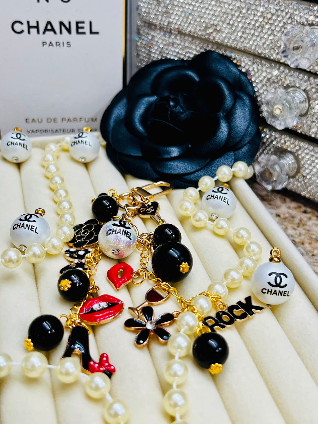 CHANEL Black & Gold Charm Keychain