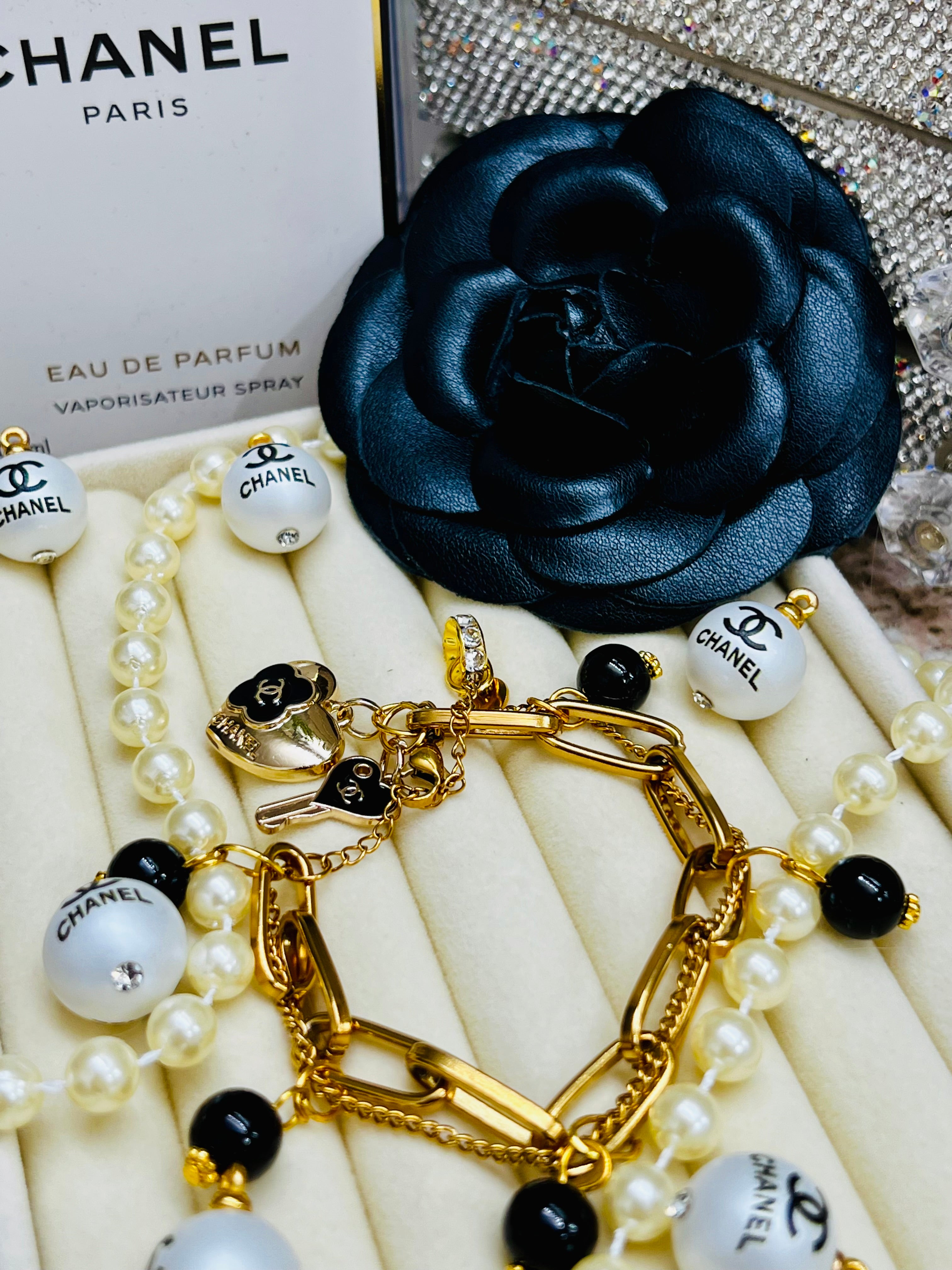 CHANEL Gold & Black Charm Chain Bracelet Heart Dangle