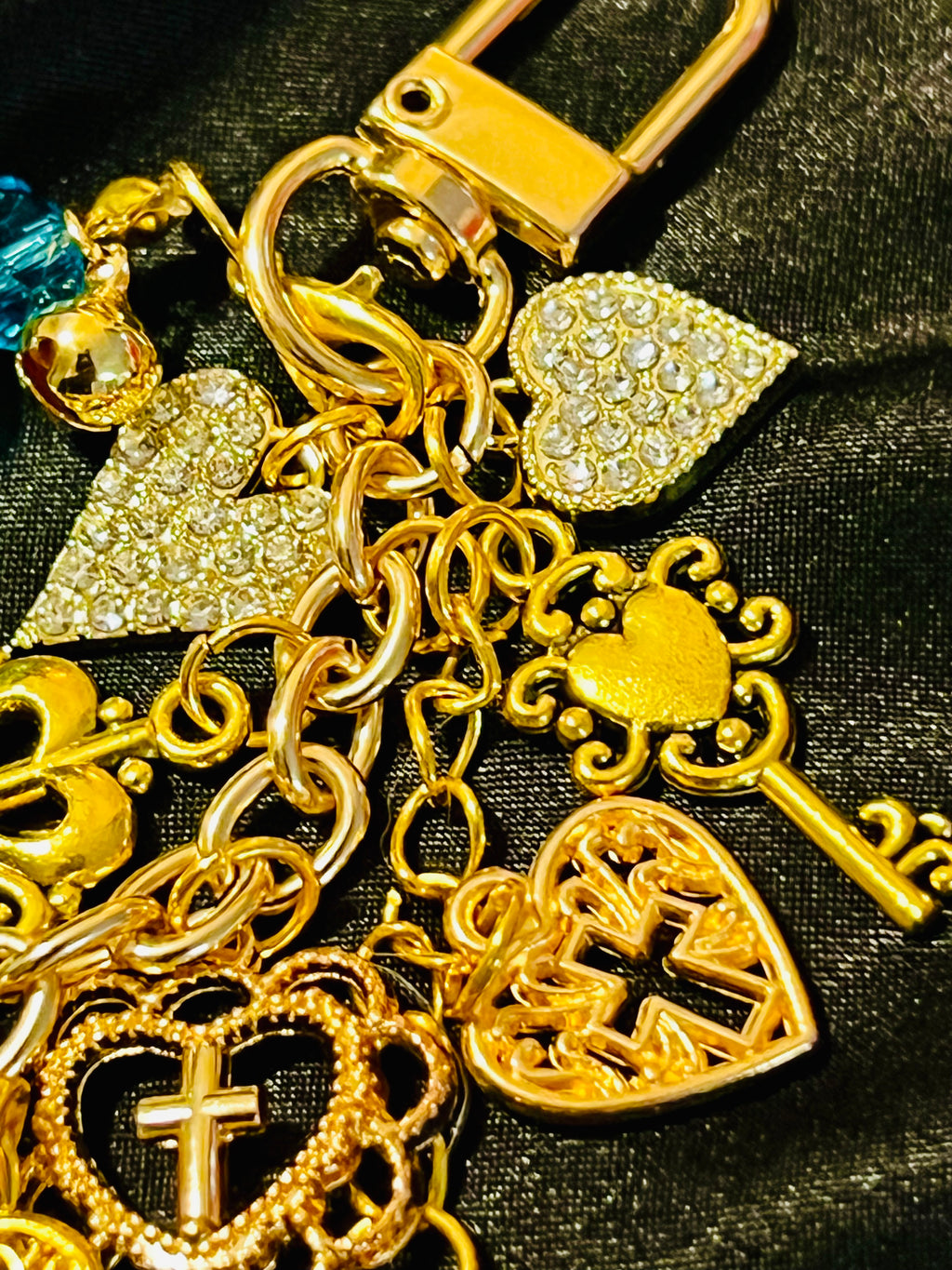 Rhinestone Heart Cross & Key Gold Keychain with Blue Glass & Bell Link