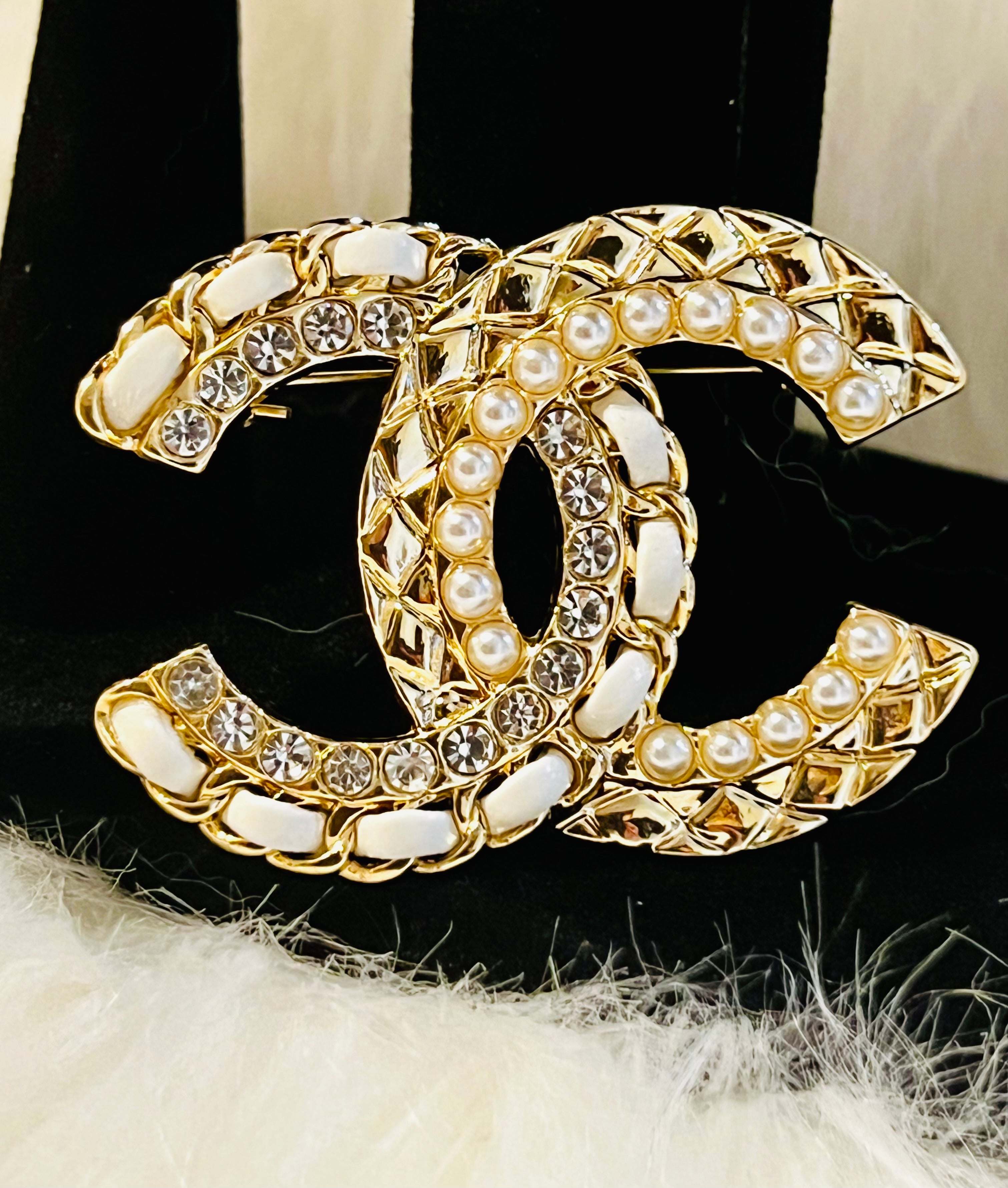 CHANEL Gold & White with Rhinestone & Pearl Accent Braided Brooch
