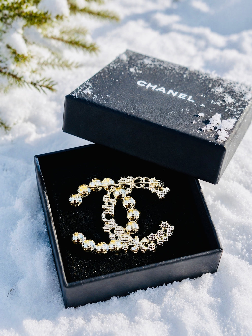 CHANEL Iconic Logo Silver with Pearl & Crystal Accent Brooch D