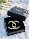 CHANEL Iconic Logo Silver with Pearl & Crystal Accent Brooch D