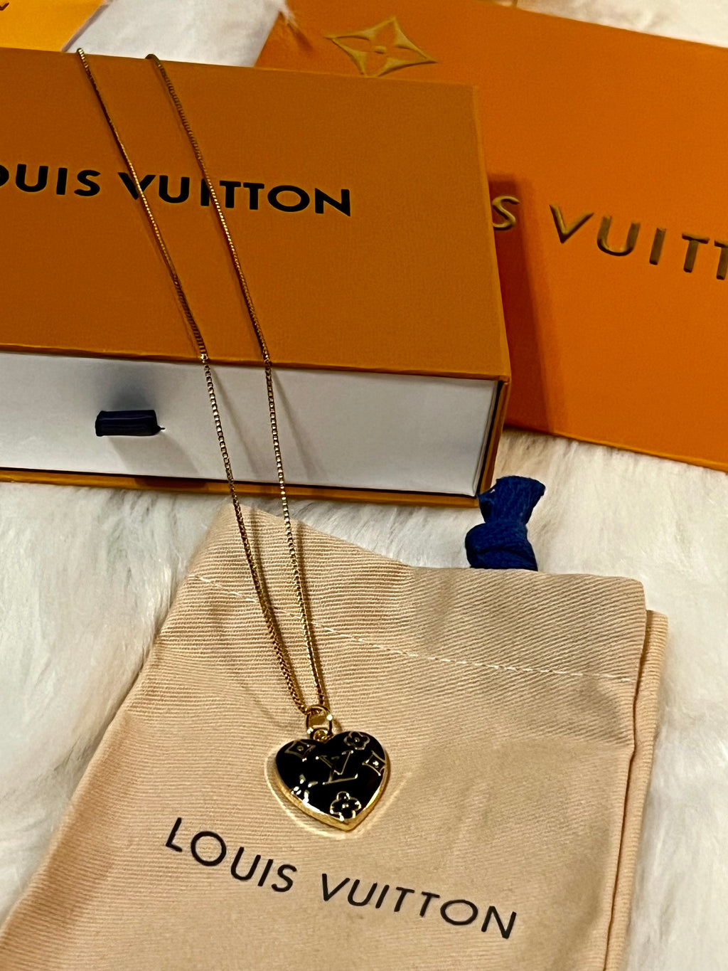 LV Black & Gold Heart Pendant Box Chain Necklace
