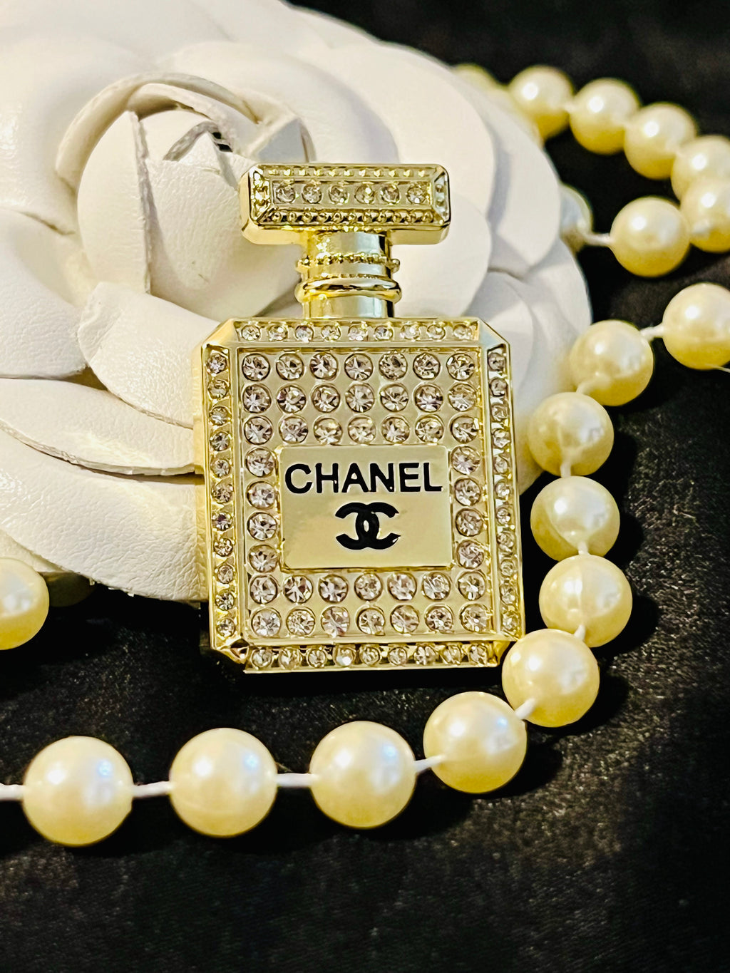 CHANEL Gold with Rhinestone Perfume Bottle Brooch
