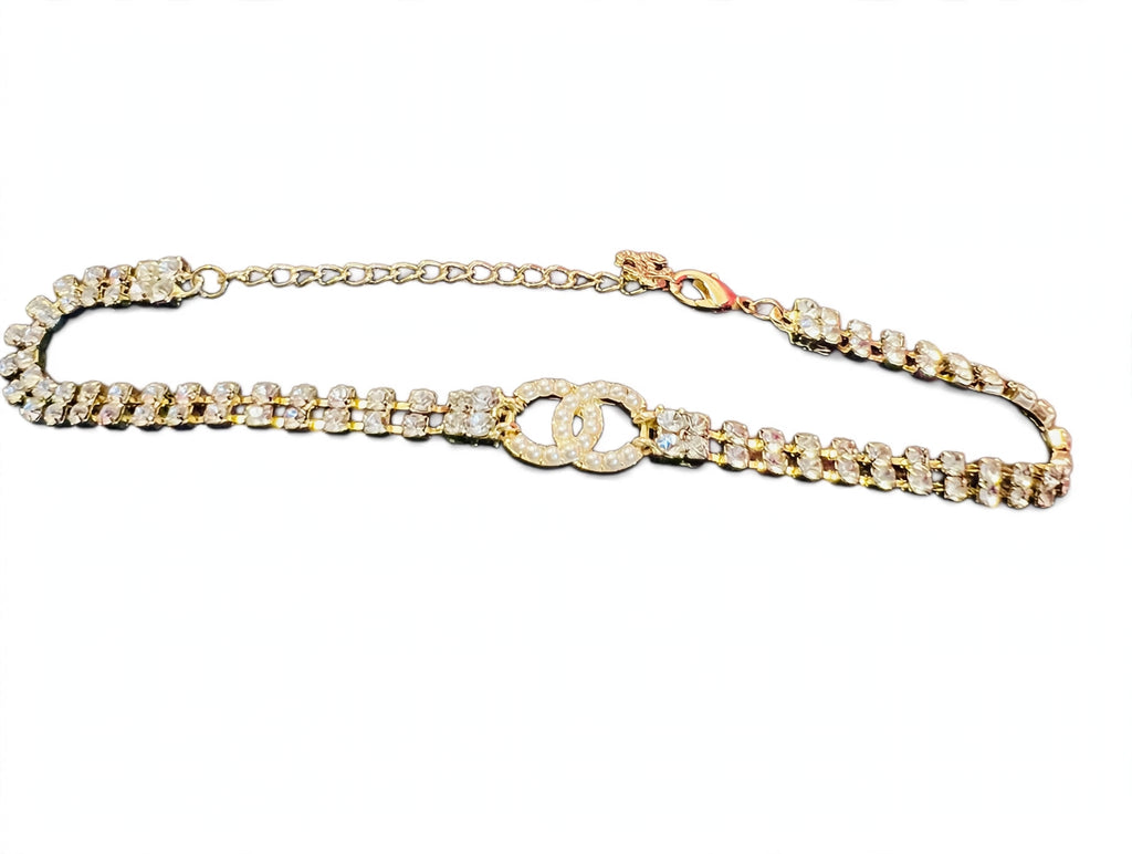 CHANEL Style Gold CC Pearl Crystal Baguette Choker Necklace / 2022 Collection Tennis Choker