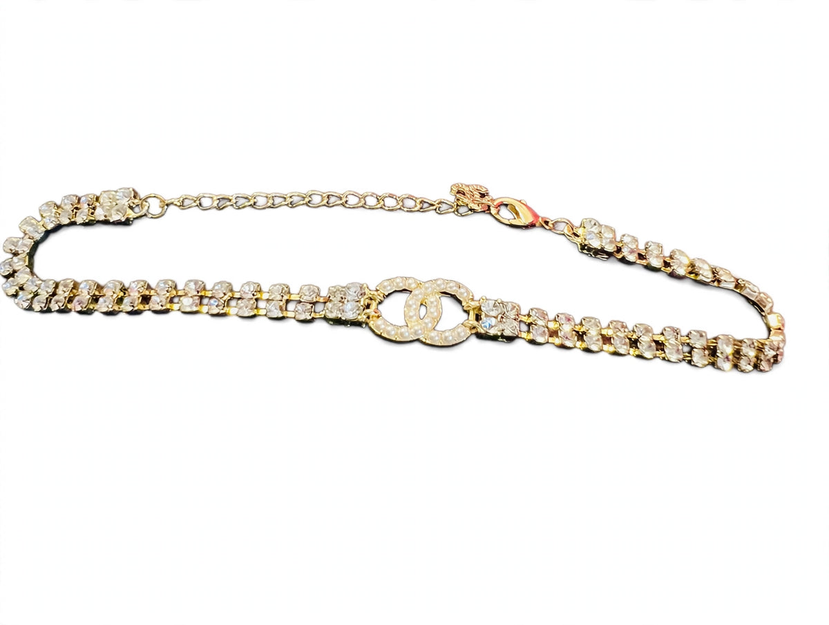 CHANEL Style Gold CC Pearl Crystal Baguette Choker Necklace / 2022 Collection Tennis Choker