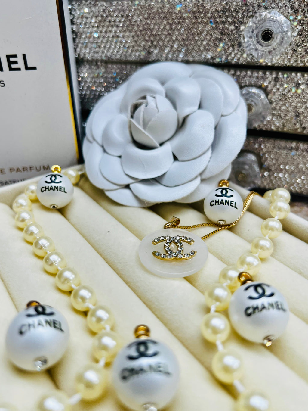 CHANEL White Shell with Gold Lettering Circular Pendant Necklace