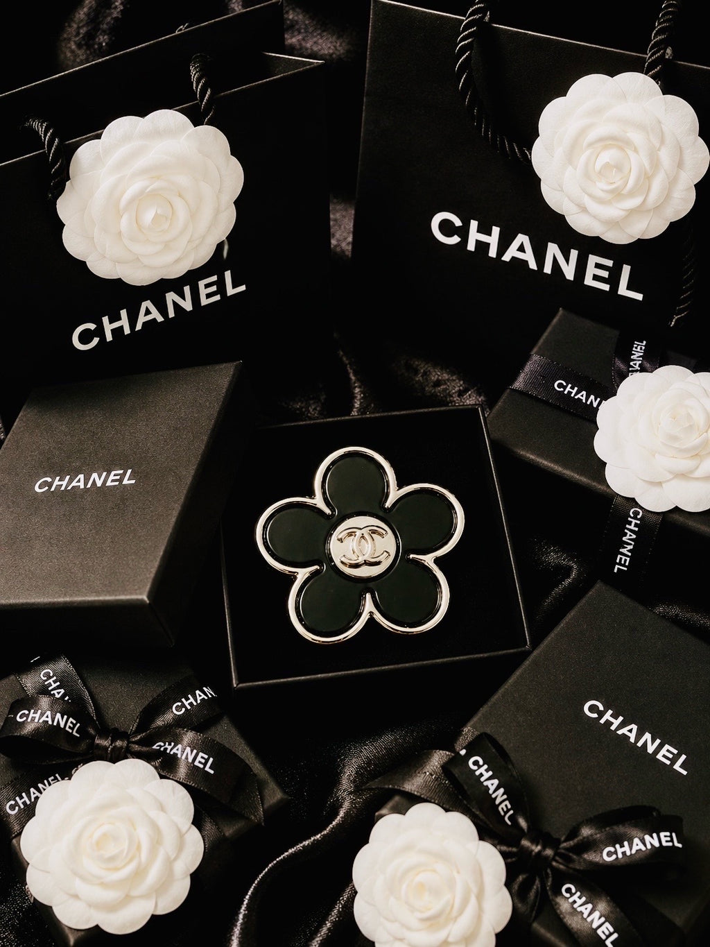 CHANEL Iconic Flower Brooch Silver & Black F