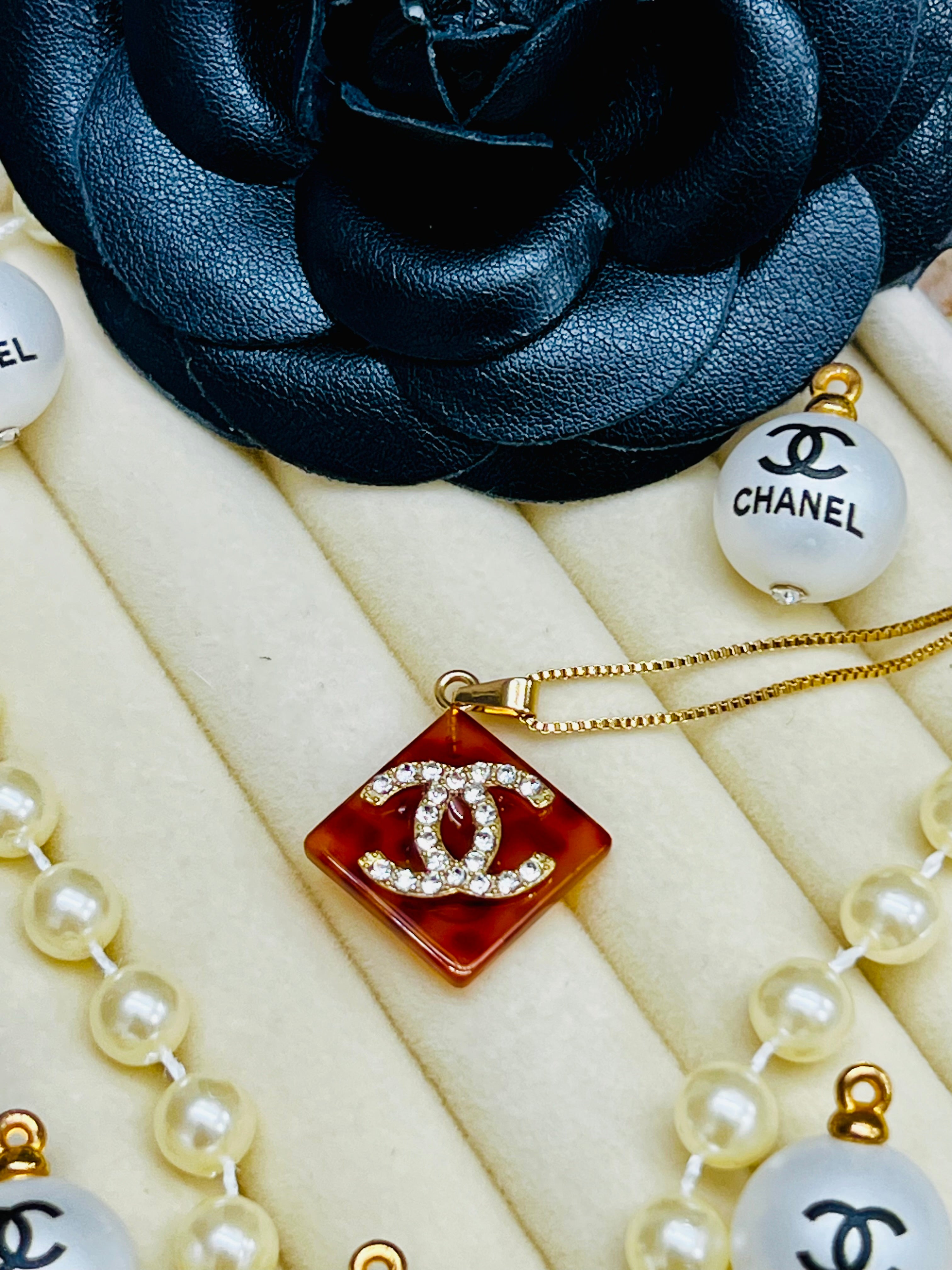 CHANEL Cheetah Print with SilverLettering Diamond Pendant Necklace
