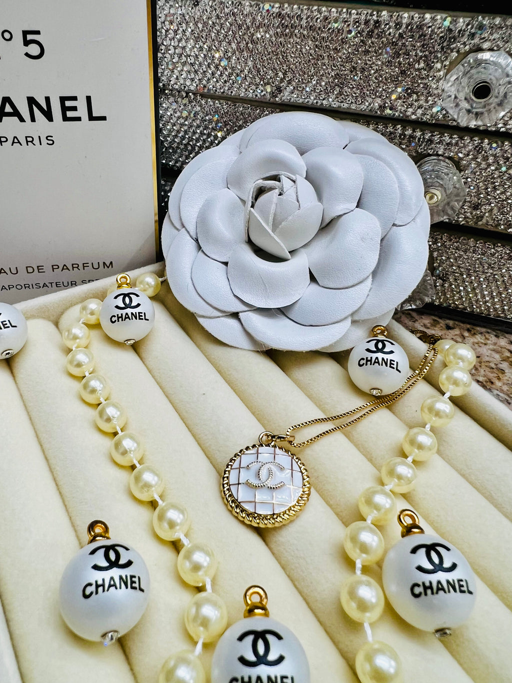 Chanel Gold & White Quilted Pattern Pendant Necklace