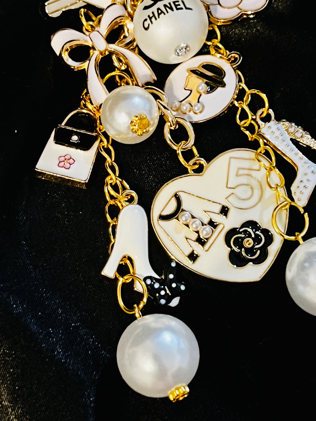 Chanel Inspired Pearl Bag Charm Keychain - White, Camellia, Bow, No 5, Coco logo, Gold Tone