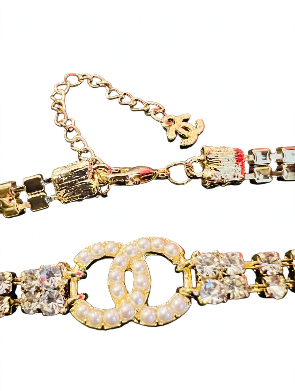 CHANEL Style Gold CC Pearl Crystal Baguette Choker Necklace / 2022 Collection Tennis Choker