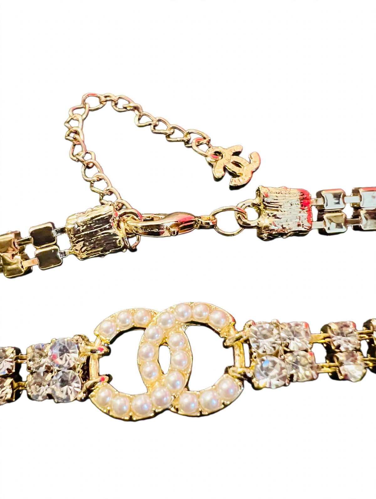 CHANEL Style Gold CC Pearl Crystal Baguette Choker Necklace / 2022 Collection Tennis Choker