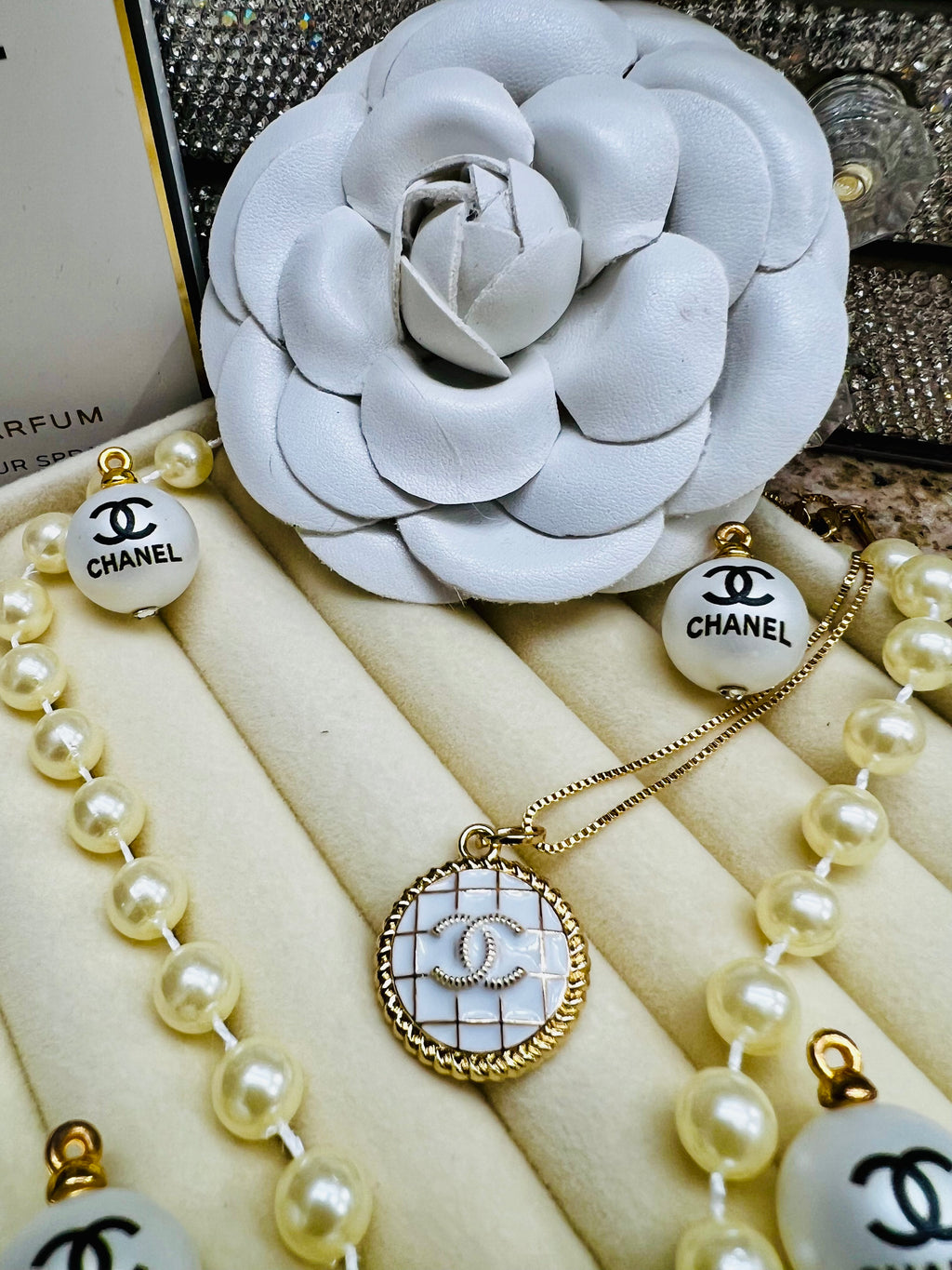Chanel Gold & White Quilted Pattern Pendant Necklace