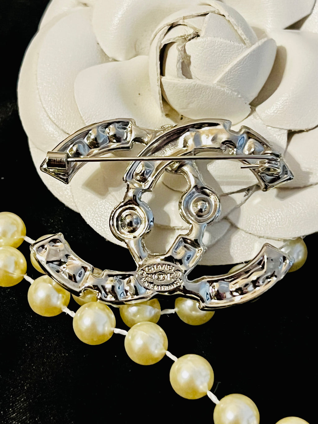 CHANEL Silver with Rhinestone Accent Brooch