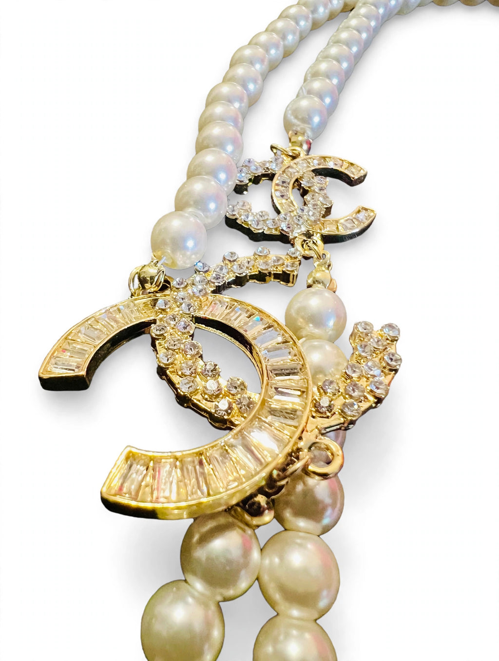 Vintage Chanel Double Strand Faux Pearl Necklace with Crystal Interlocking CC Charms