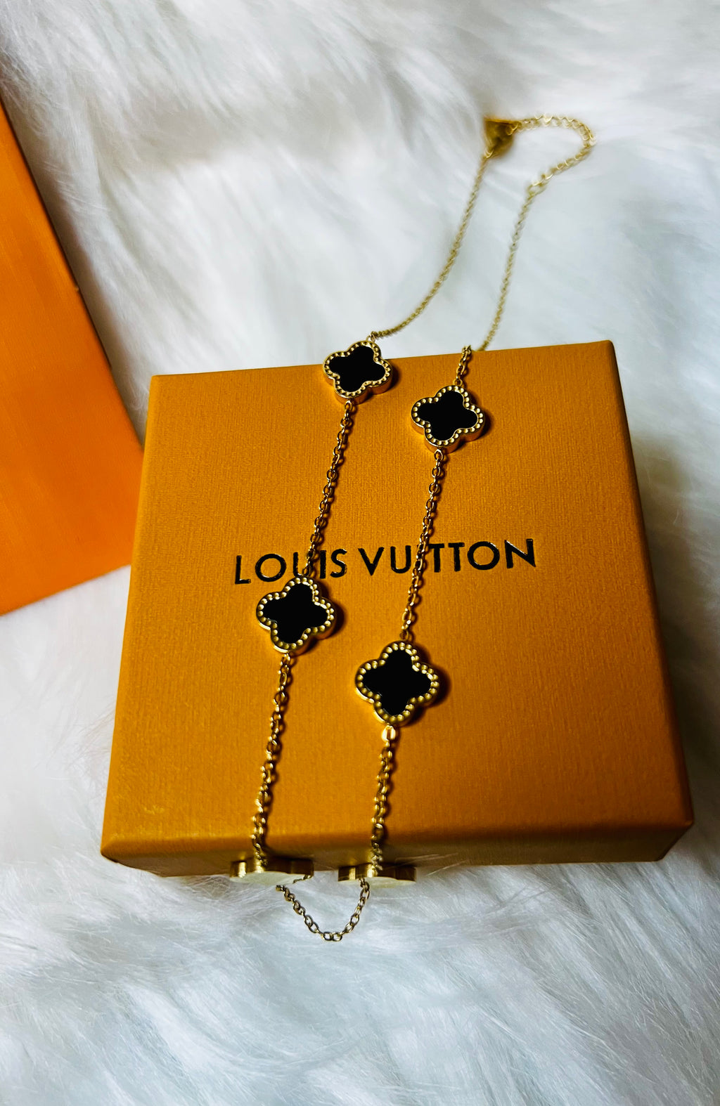 LV Black with Rhinestone Border 4 Leaf Clover Design Gold Necklace