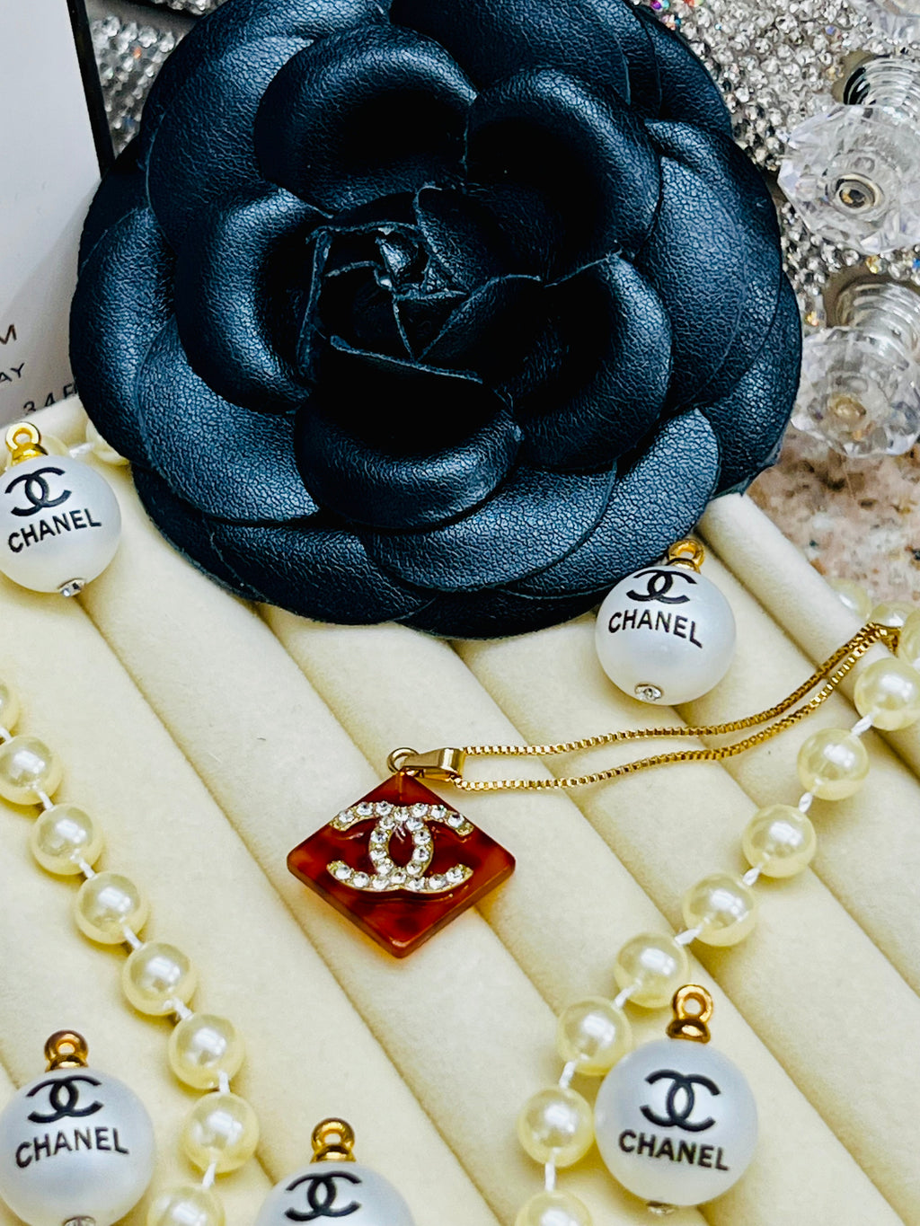 CHANEL Cheetah Print with SilverLettering Diamond Pendant Necklace