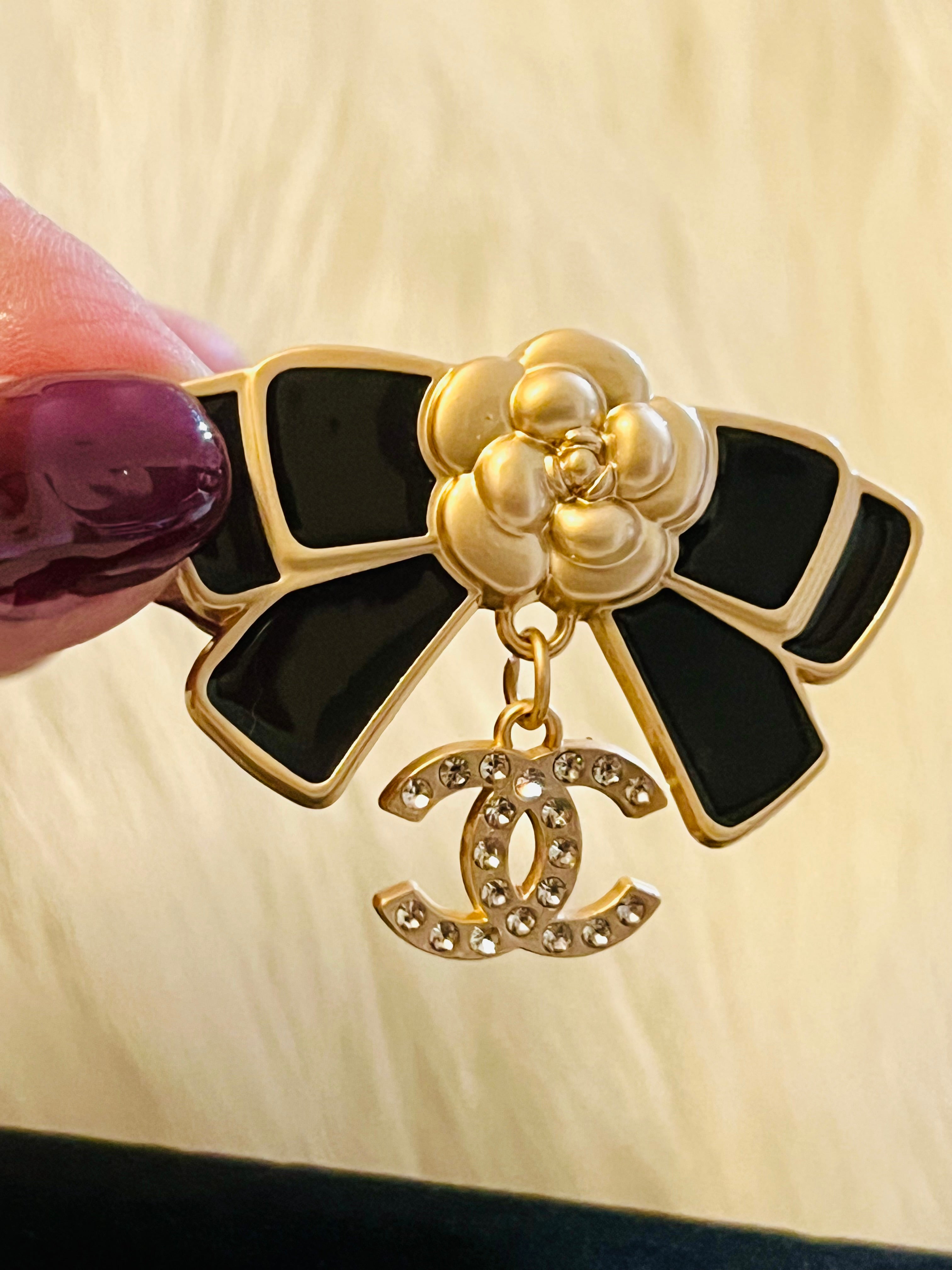 CHANEL Black & Gold Bow Drop Dangle Brooch
