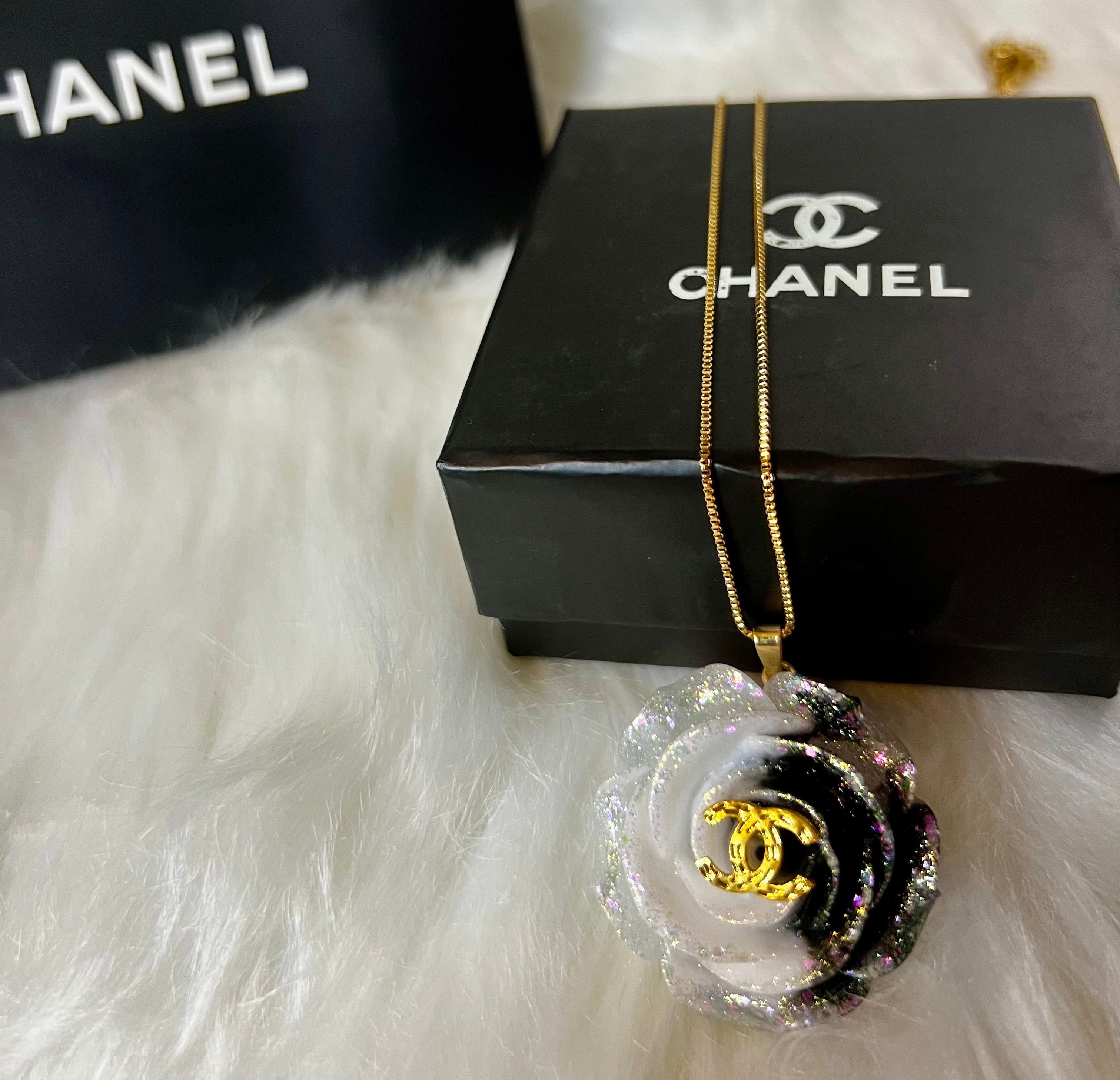 CHANEL Black & Blue with Gold LetteringFlower Pendant Necklace