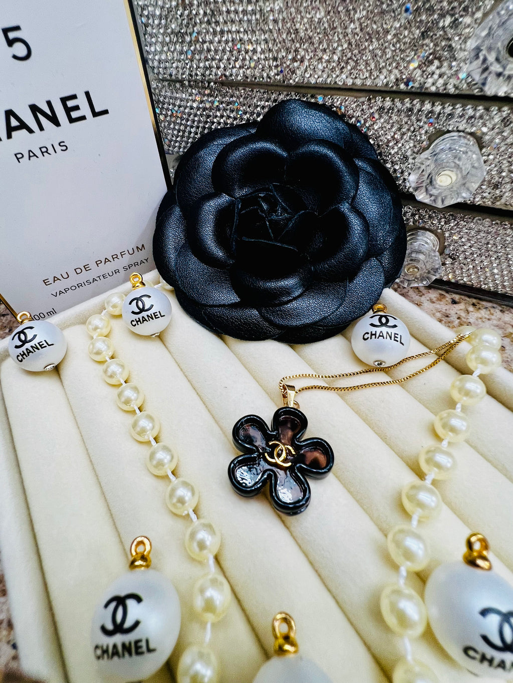 CHANEL Cheetah Print with Gold Lettering Flower Style Pendant Necklace