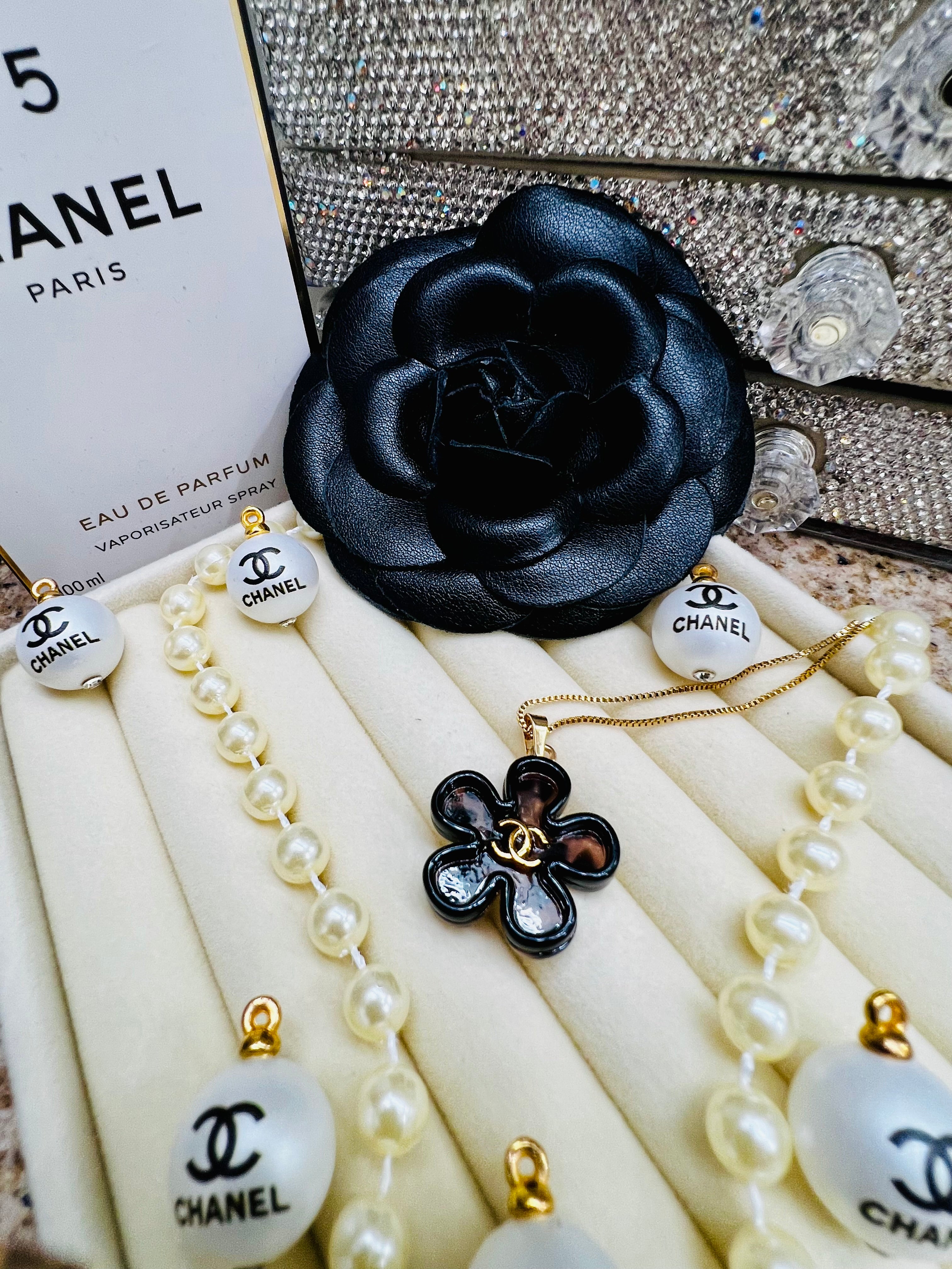 CHANEL Cheetah Print with Gold Lettering Flower Style Pendant Necklace