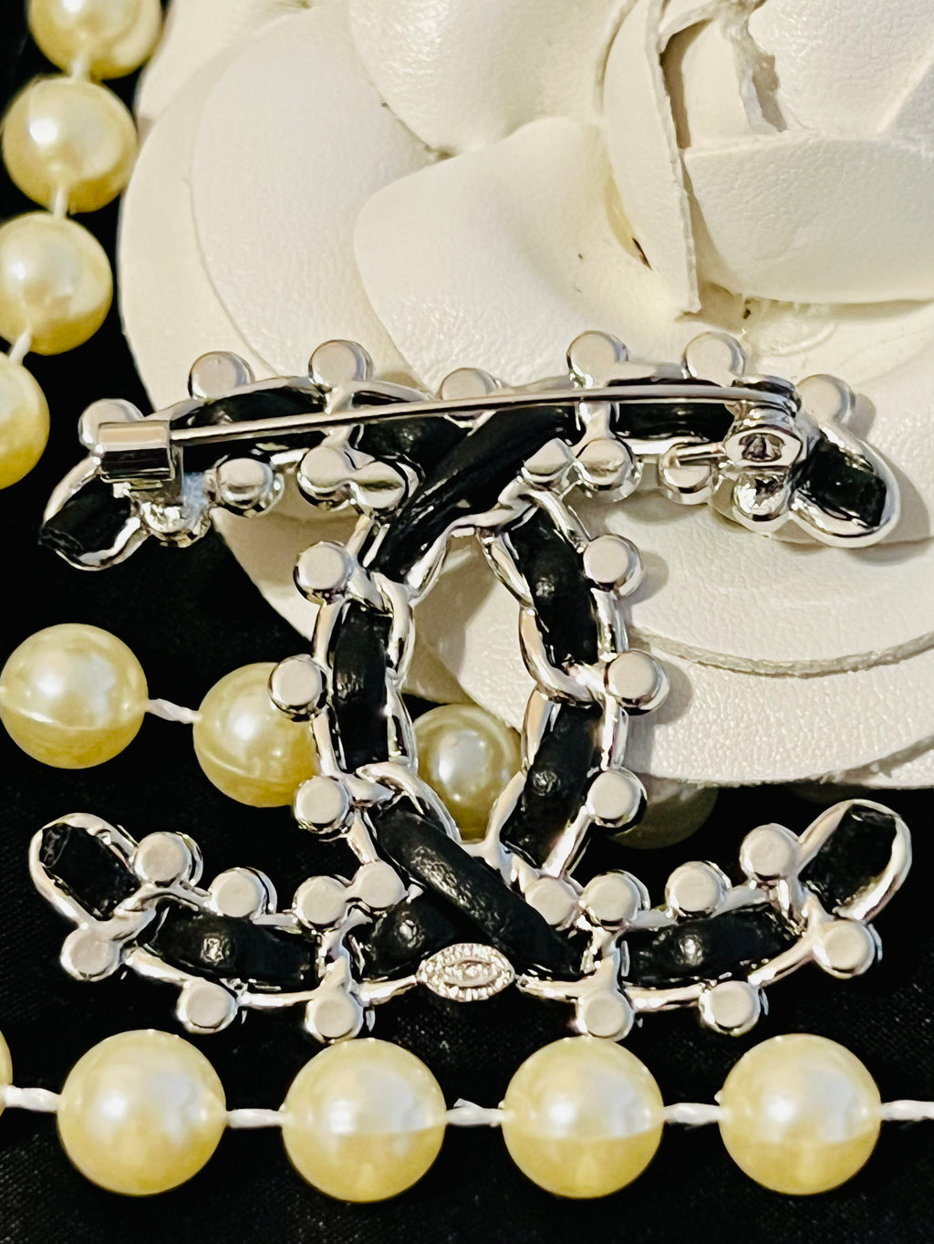 CHANEL Iconic Logo Silver & Black Brooch with Crystal Accents N