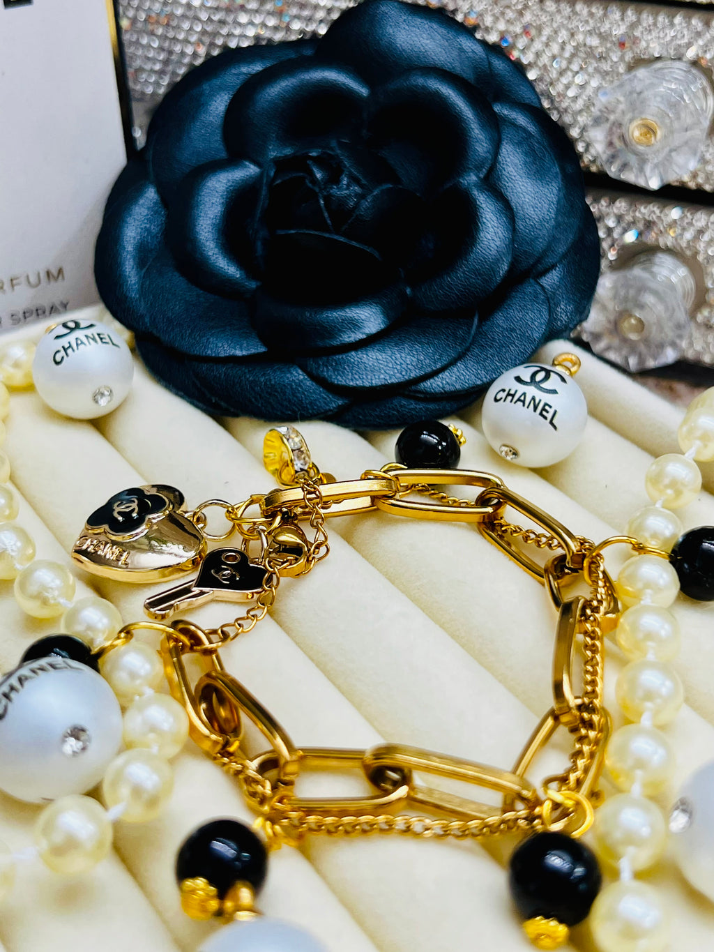 CHANEL Gold & Black Charm Chain Bracelet Heart Dangle