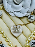 CHANEL White Stone with Gold Lettering Heart Pendant Necklace