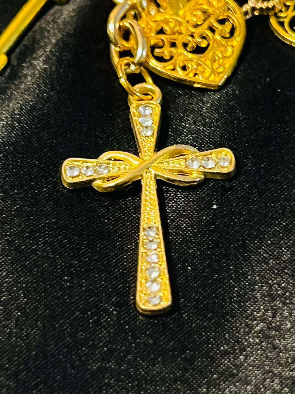 Rhinestone Heart Cross & Key Gold Keychain with Blue Glass & Bell Link