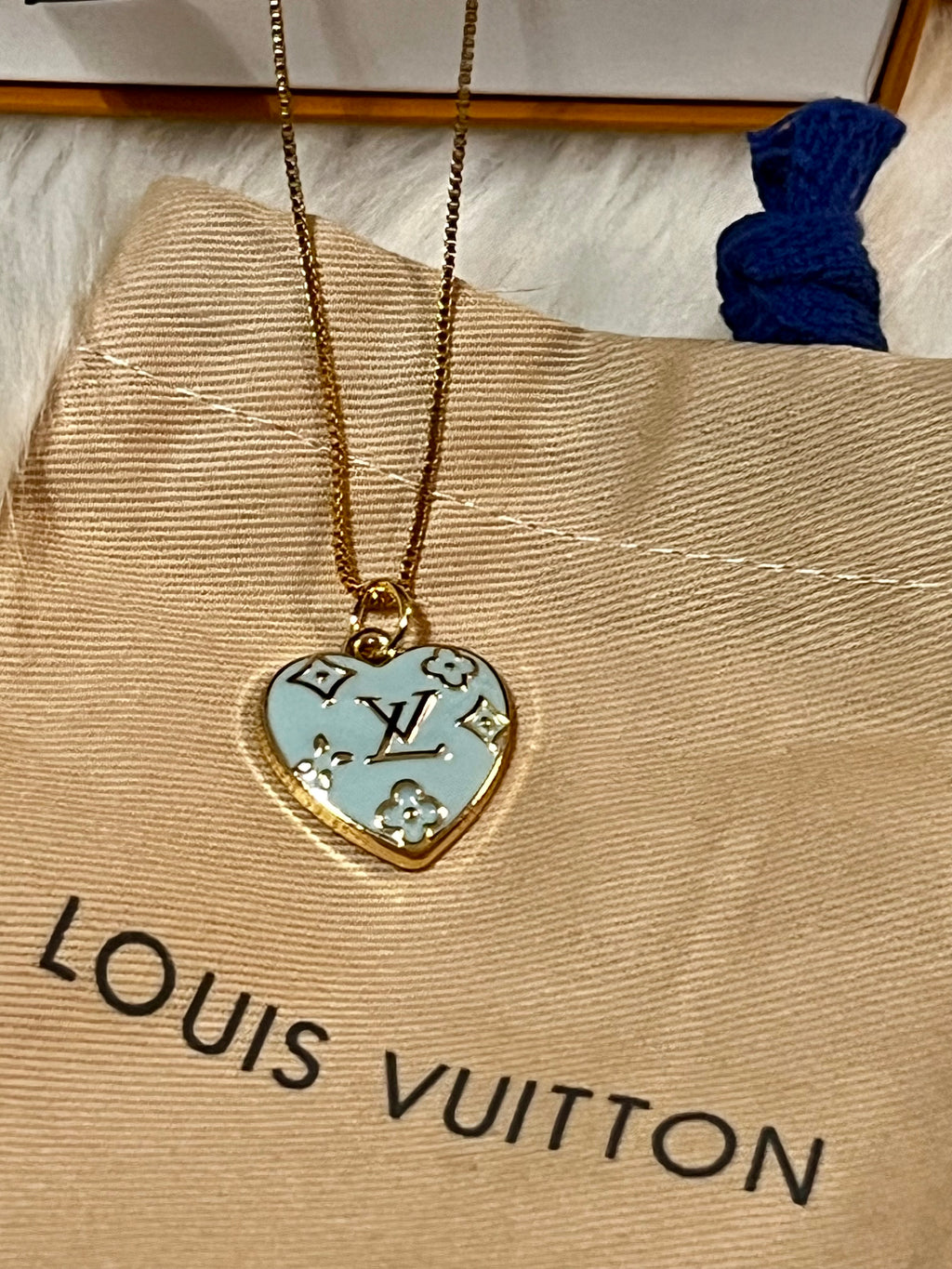 LV Teal & Black Heart Pendant Box Chain Necklace