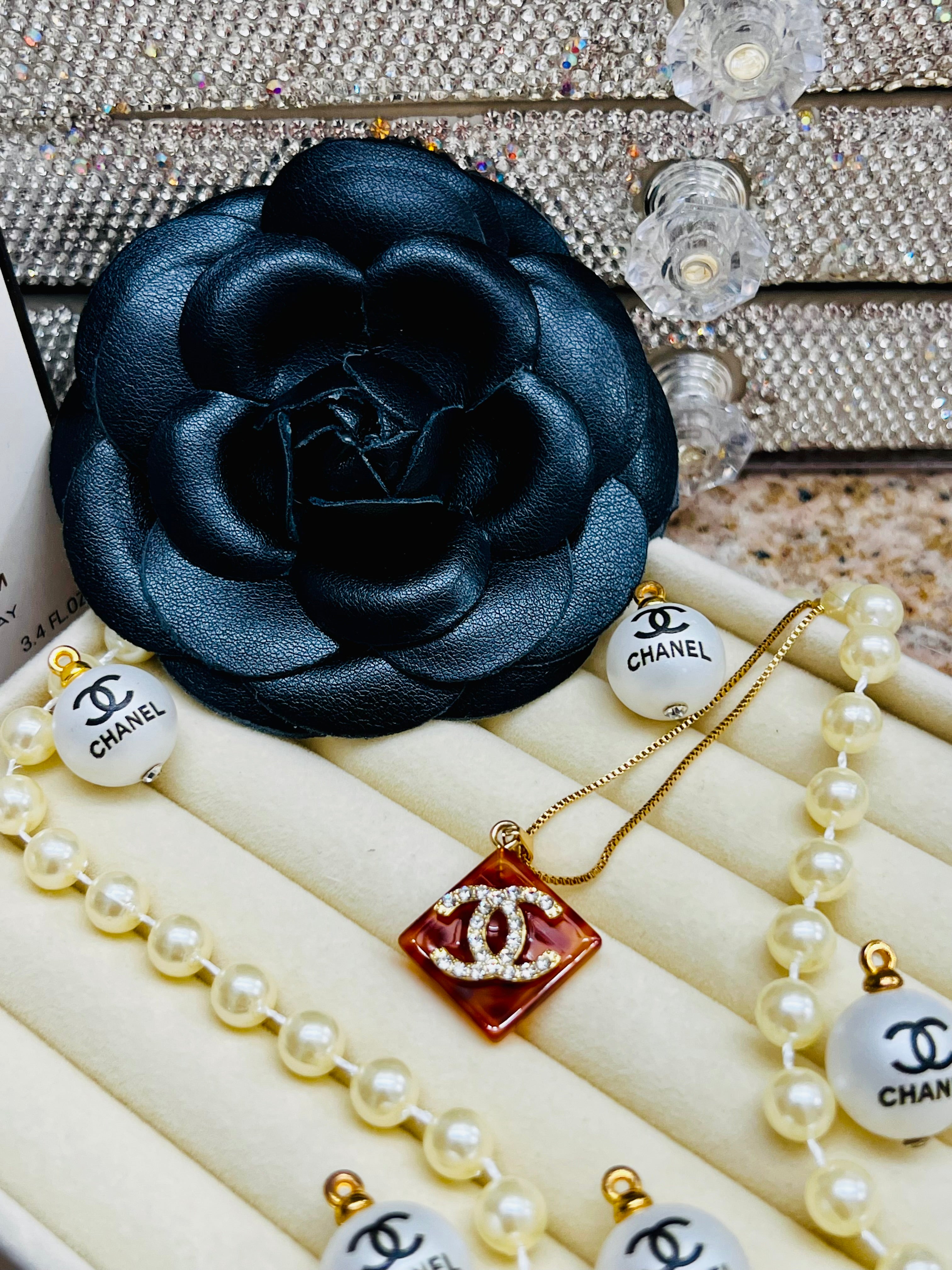 CHANEL Cheetah Print with SilverLettering Diamond Pendant Necklace