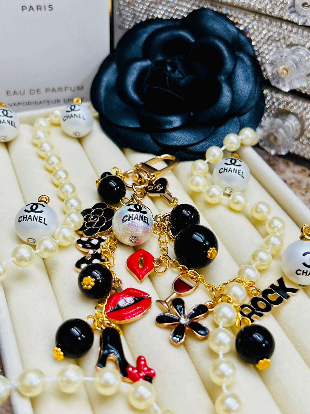 CHANEL Black & Gold Charm Keychain