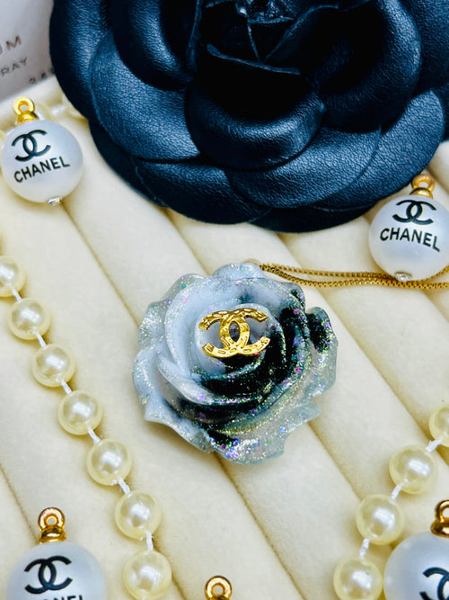 CHANEL Black & Blue with Gold LetteringFlower Pendant Necklace