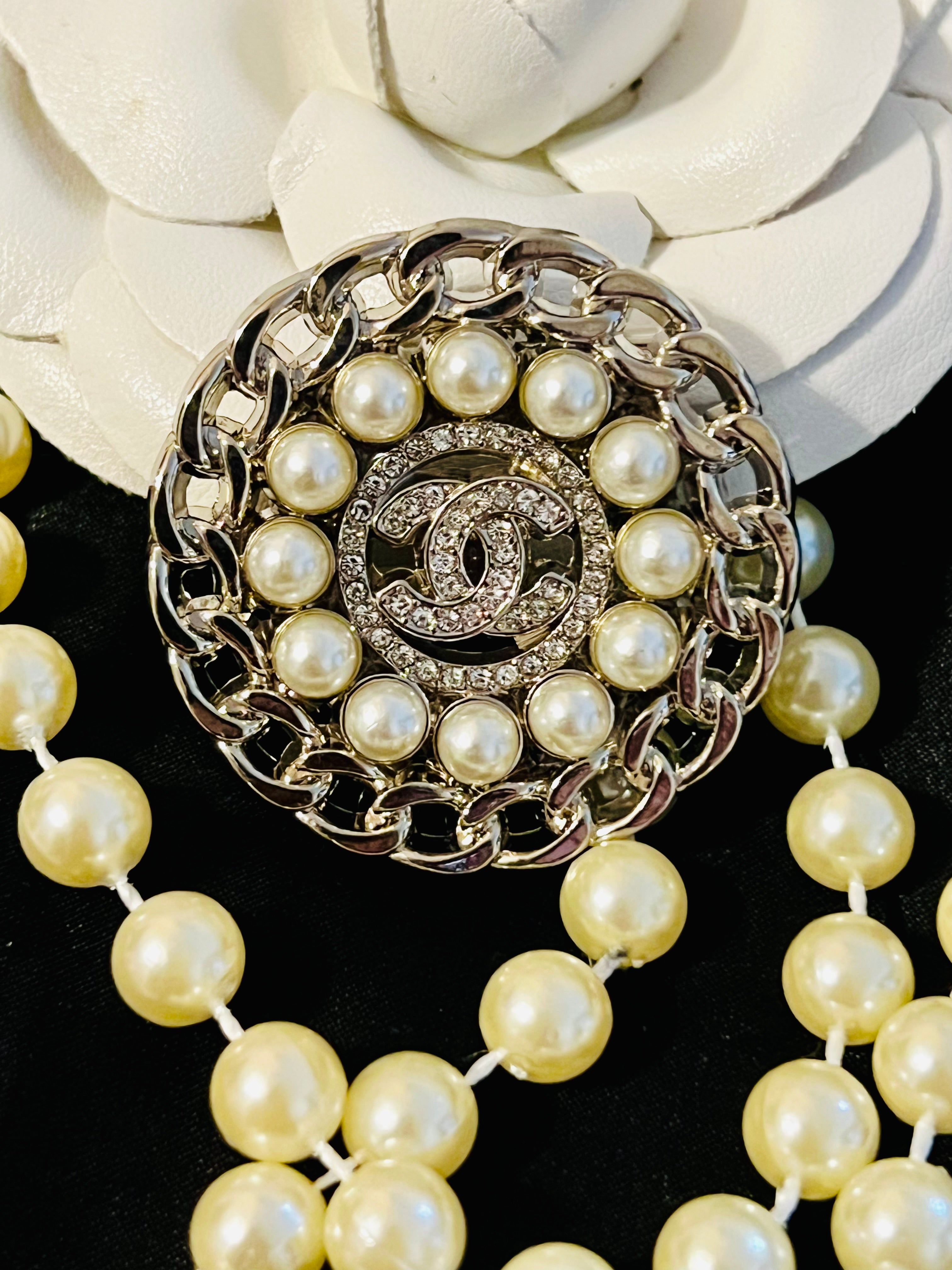 CHANEL Silver Iconic Brooch Featuring Pearl & Stunning Crystal Accents H
