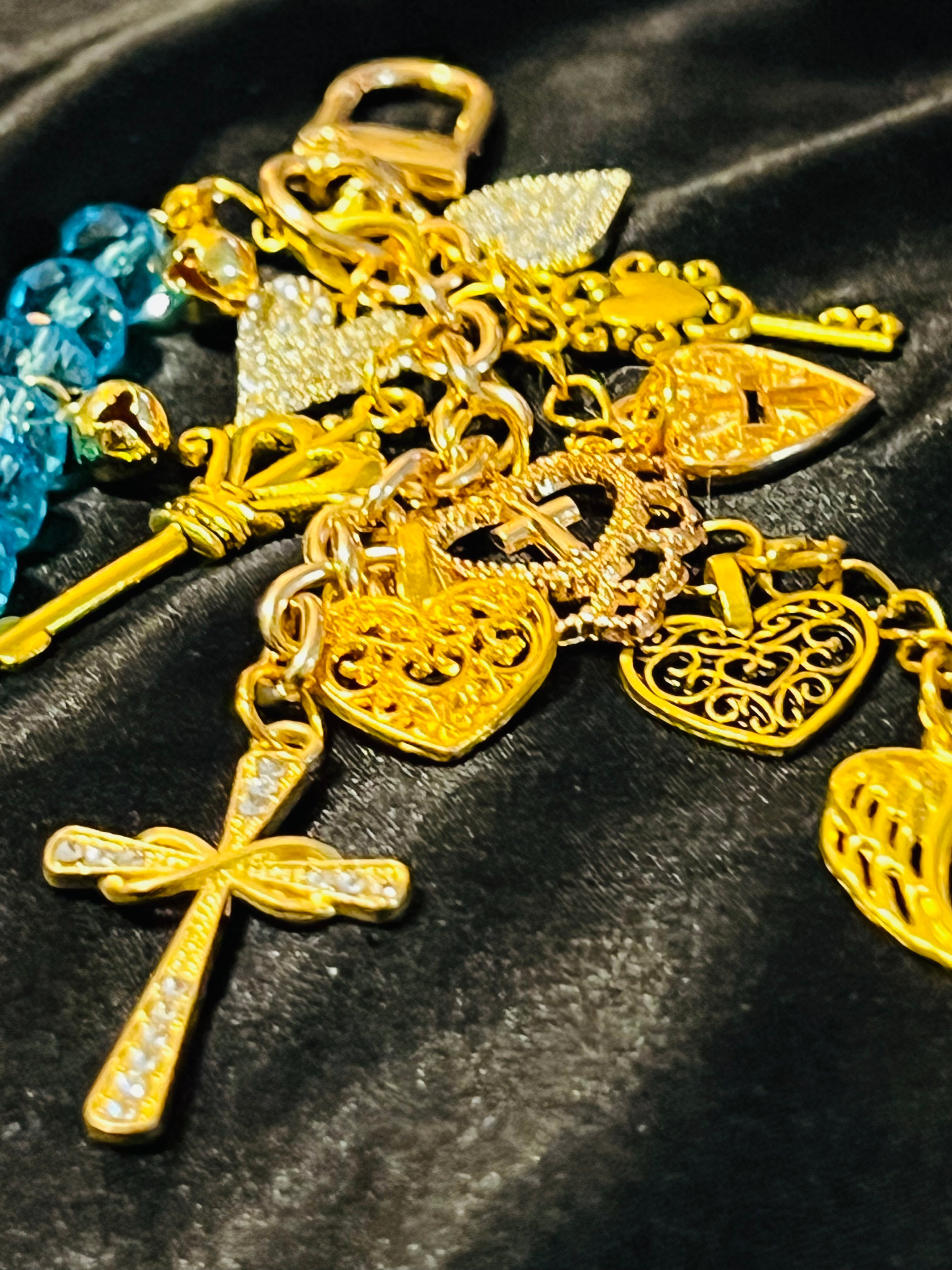 Rhinestone Heart Cross & Key Gold Keychain with Blue Glass & Bell Link