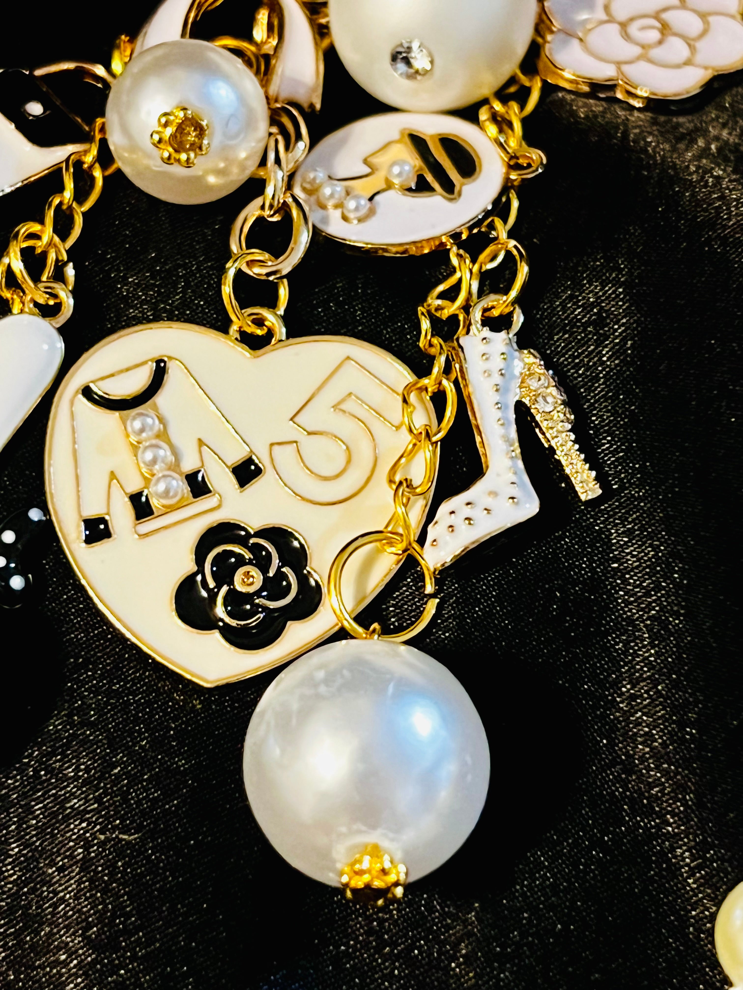 Chanel Inspired Pearl Bag Charm Keychain - White, Camellia, Bow, No 5, Coco logo, Gold Tone