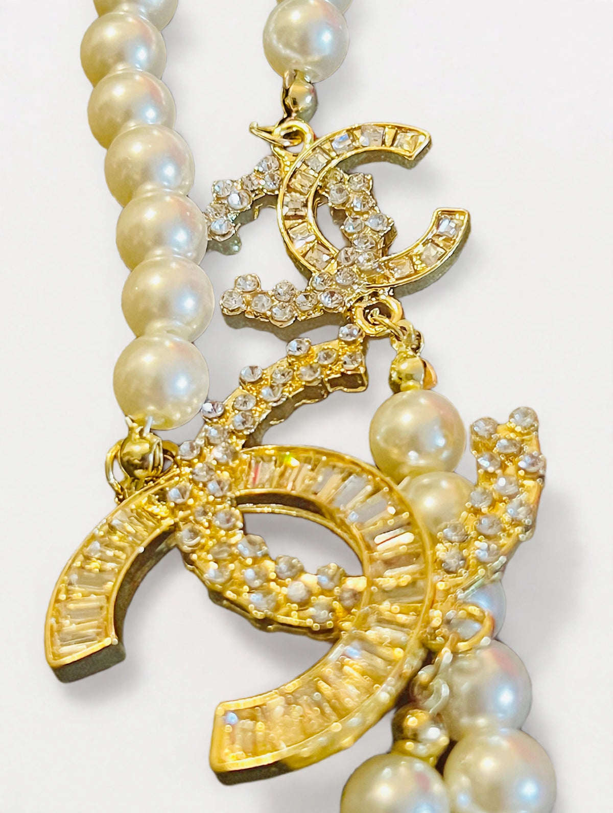 Vintage Chanel Double Strand Faux Pearl Necklace with Crystal Interlocking CC Charms