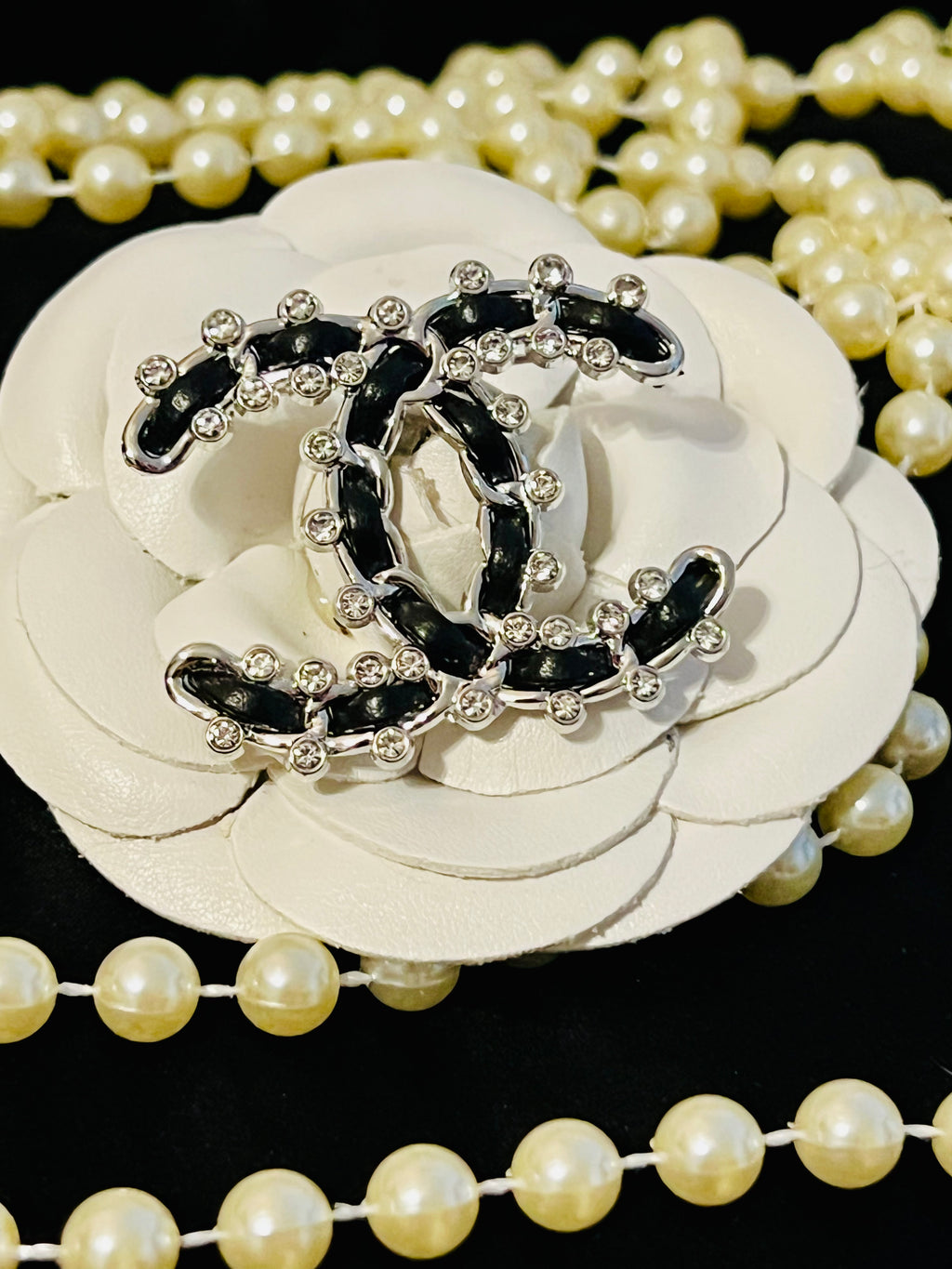 CHANEL Iconic Logo Silver & Black Brooch with Crystal Accents N
