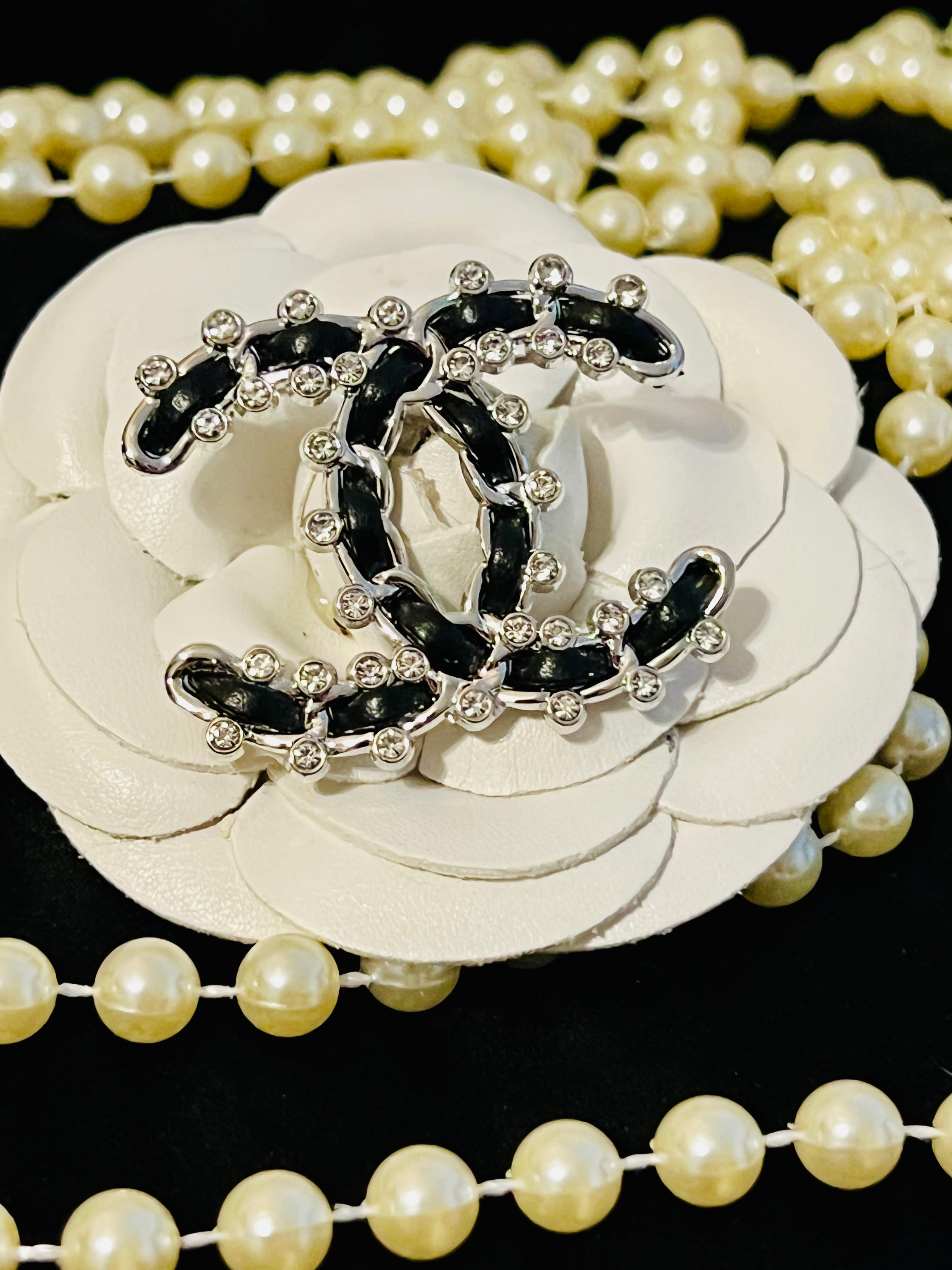 CHANEL Iconic Logo Silver & Black Brooch with Crystal Accents N