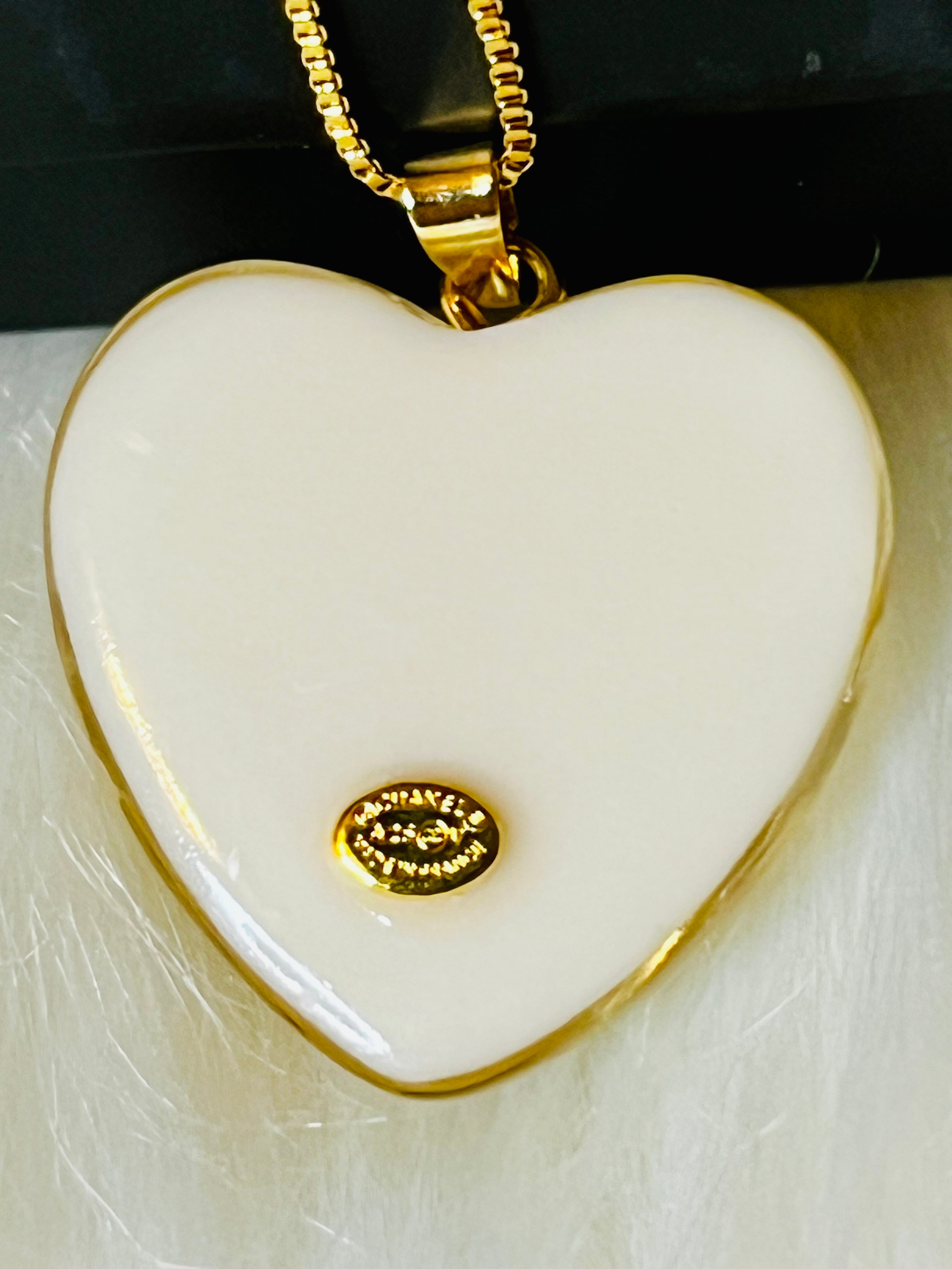 CHANEL White Stone with Gold Lettering Heart Pendant Necklace