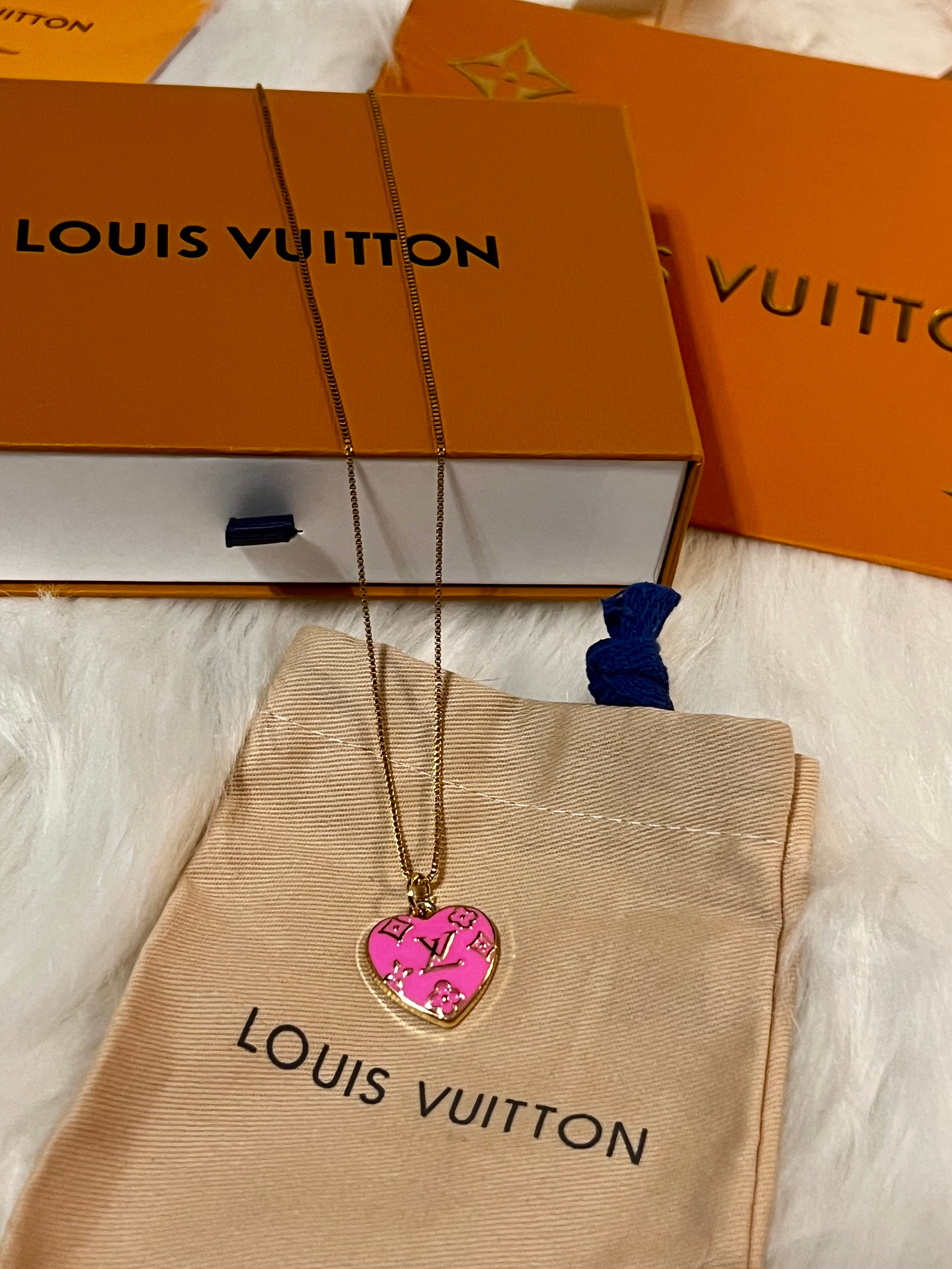 LV Pink & Gold Heart Pendant Box Chain Necklace