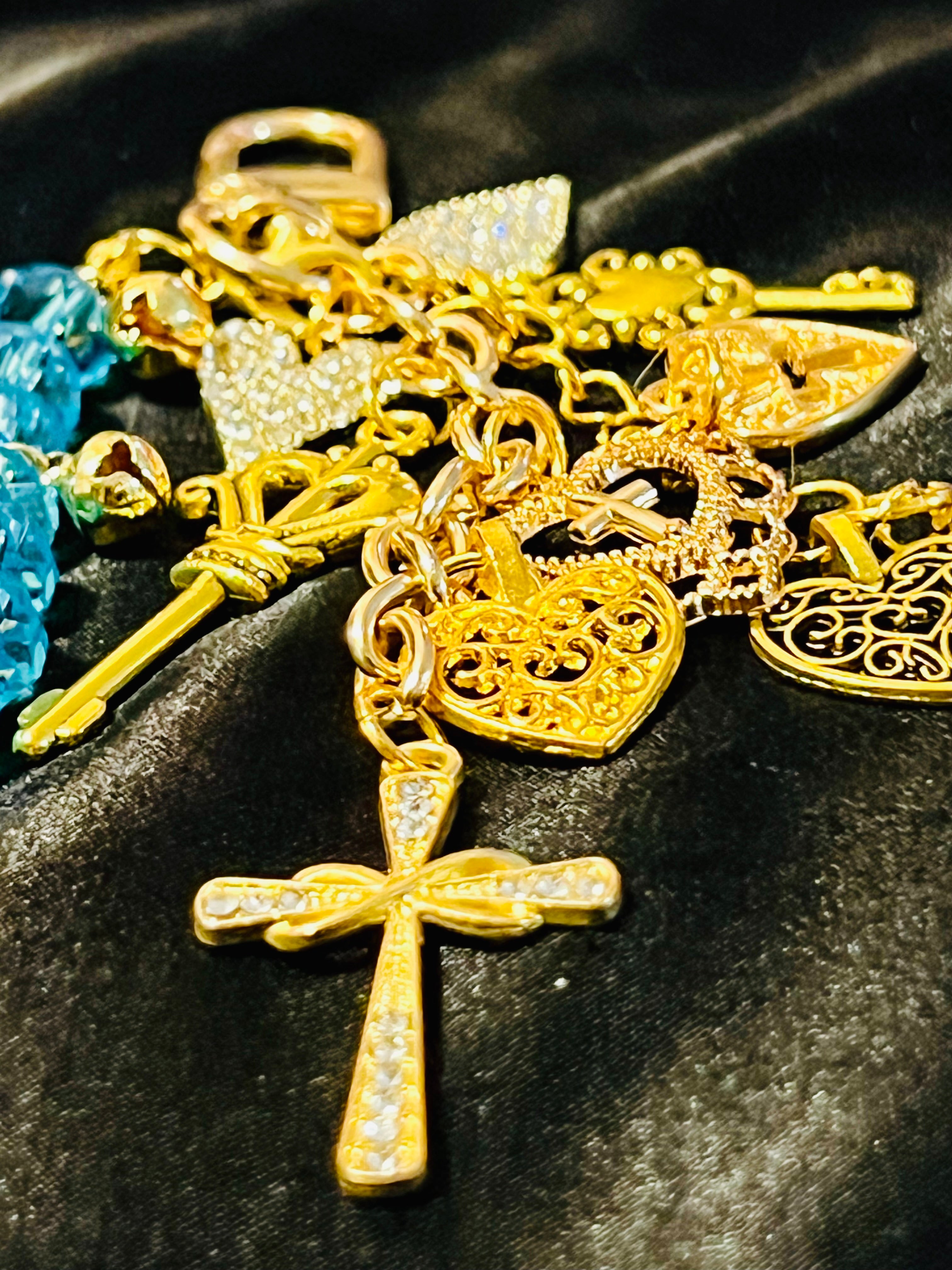 Rhinestone Heart Cross & Key Gold Keychain with Blue Glass & Bell Link