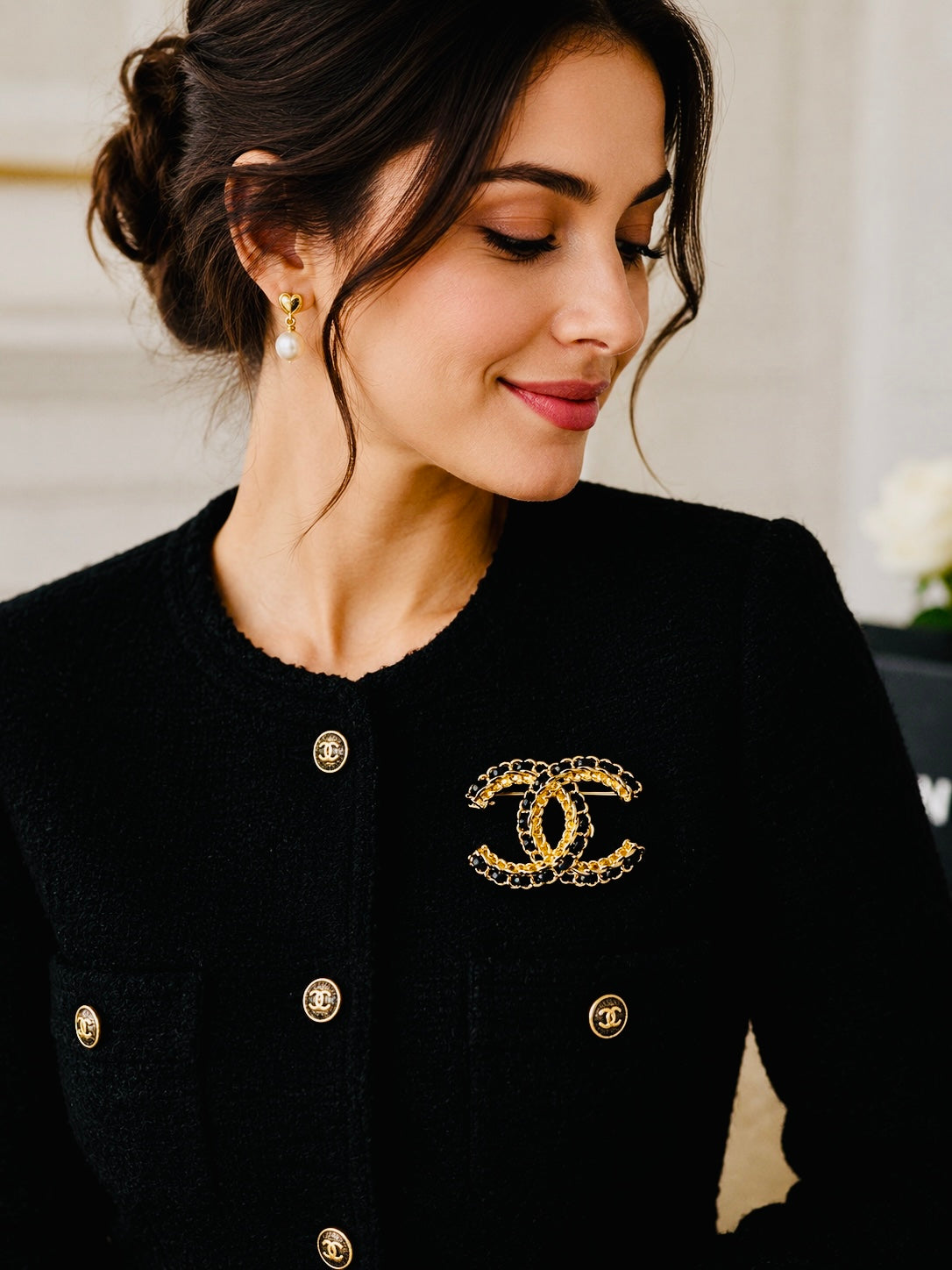 CHANEL Leather Braided Gold Brooch