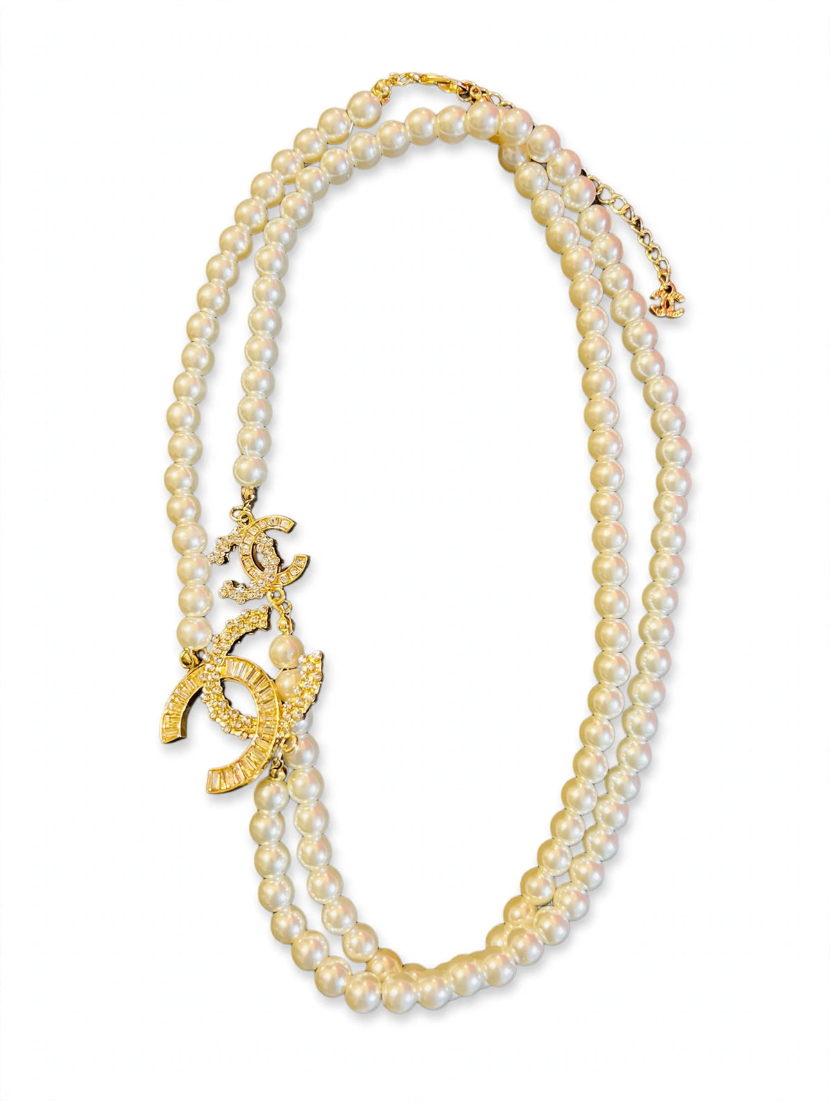 Vintage Chanel Double Strand Faux Pearl Necklace with Crystal Interlocking CC Charms